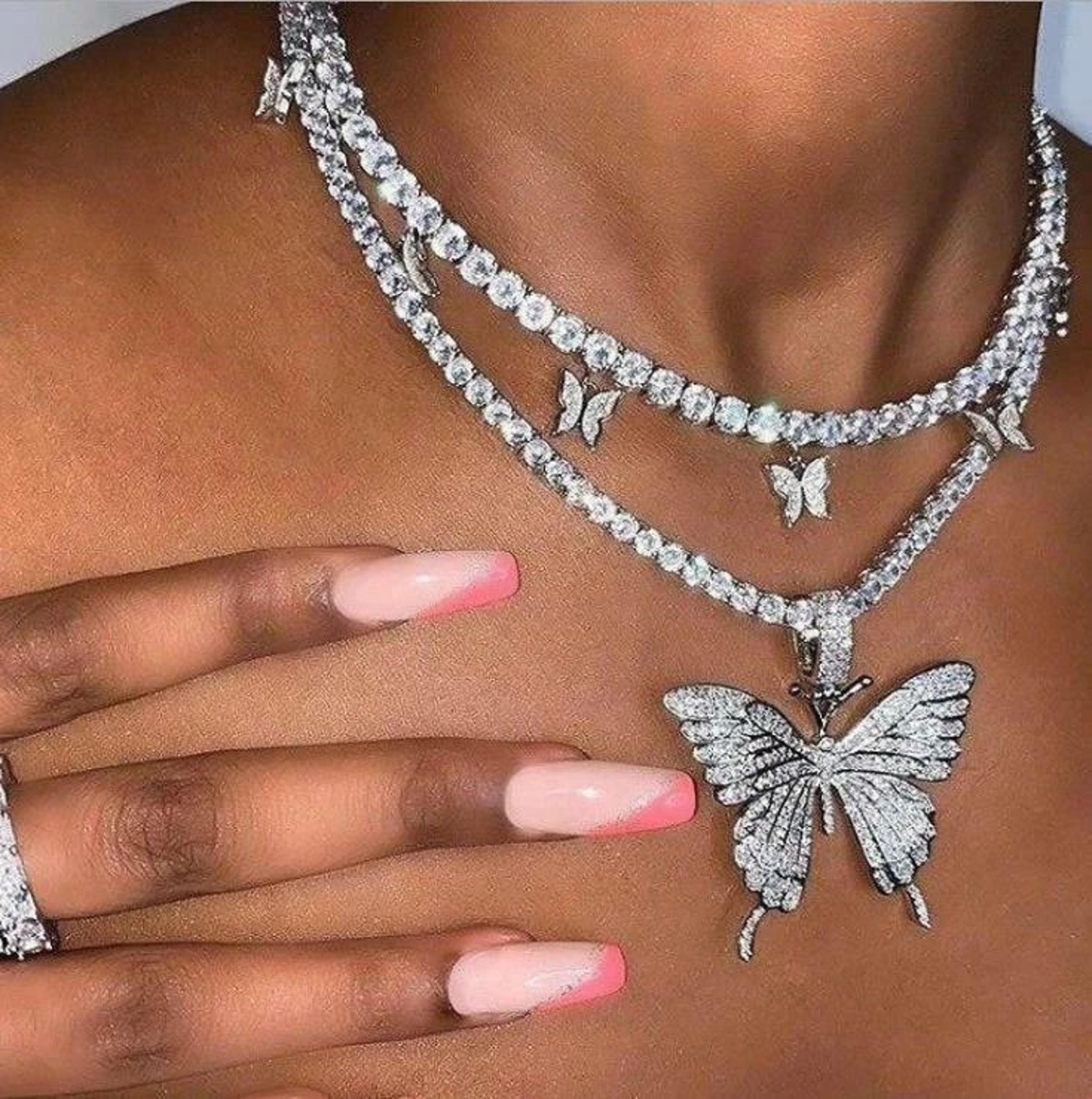 women crystal choker, fashion butterfly pendant necklace, rhinestone sweater chain