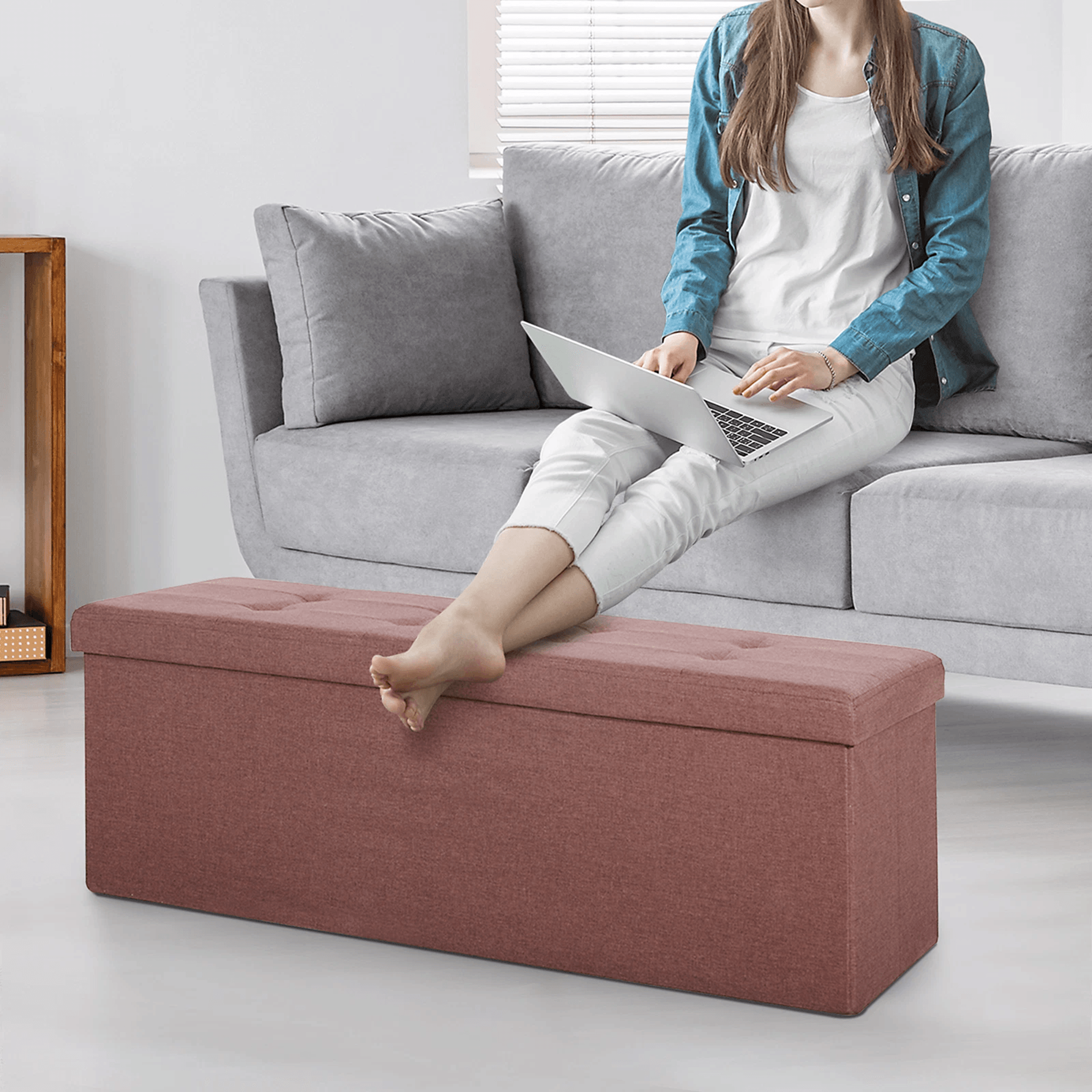 folding storage bench, footrest stool toy chest for living room, brown