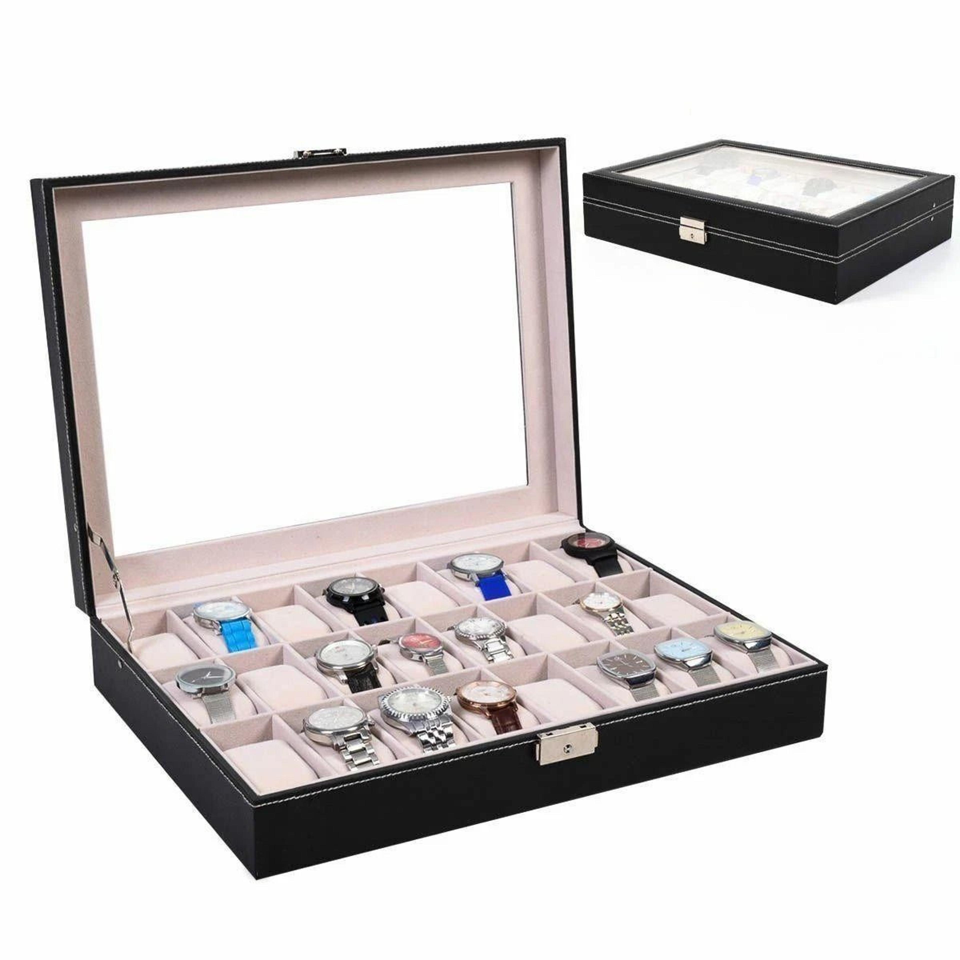 24 slot leather watch box, jewelry organizer, large storage space, ideal present for watch lovers