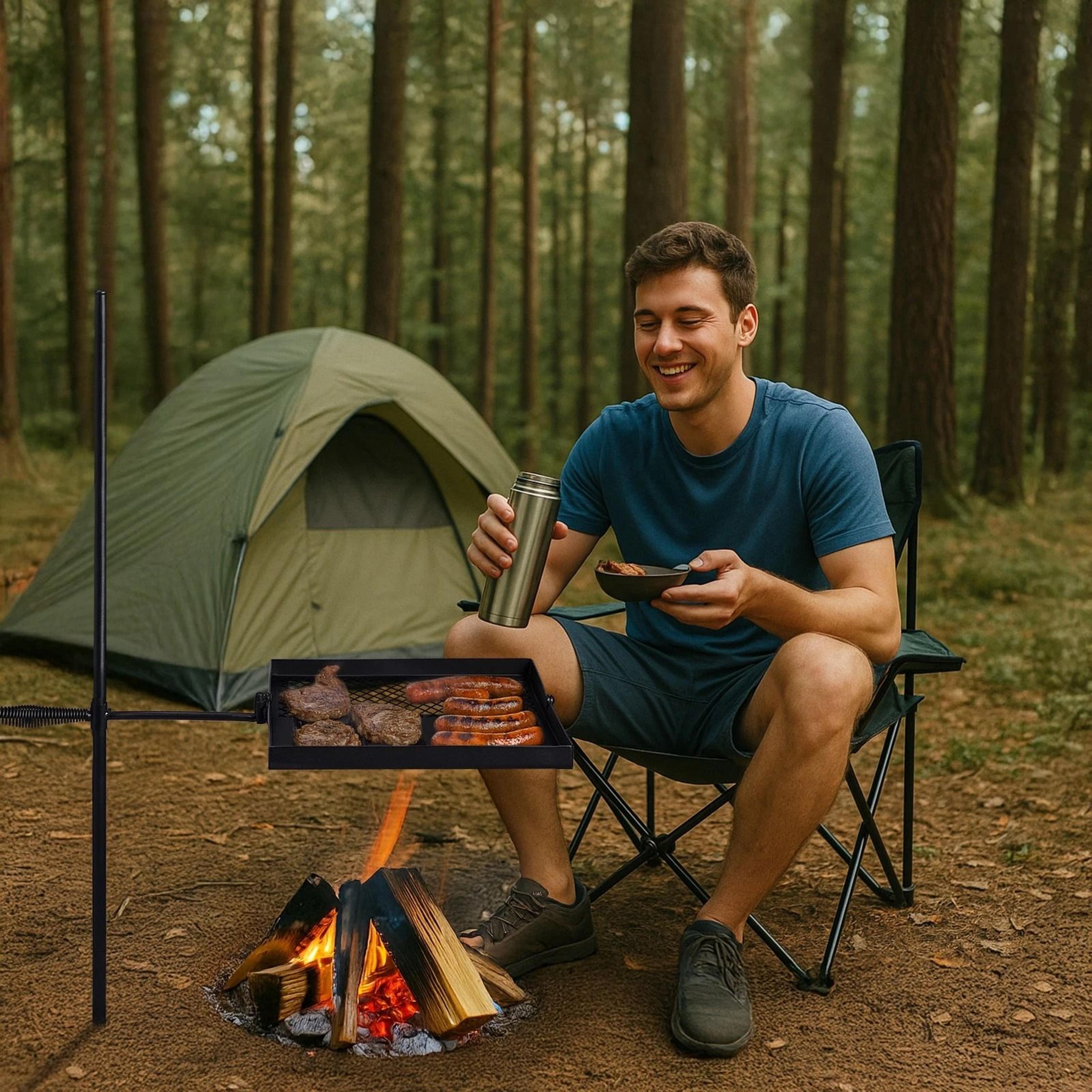 heavy duty steel grate grill, portable swivel campfire grill, foldable square design for garden and camping
