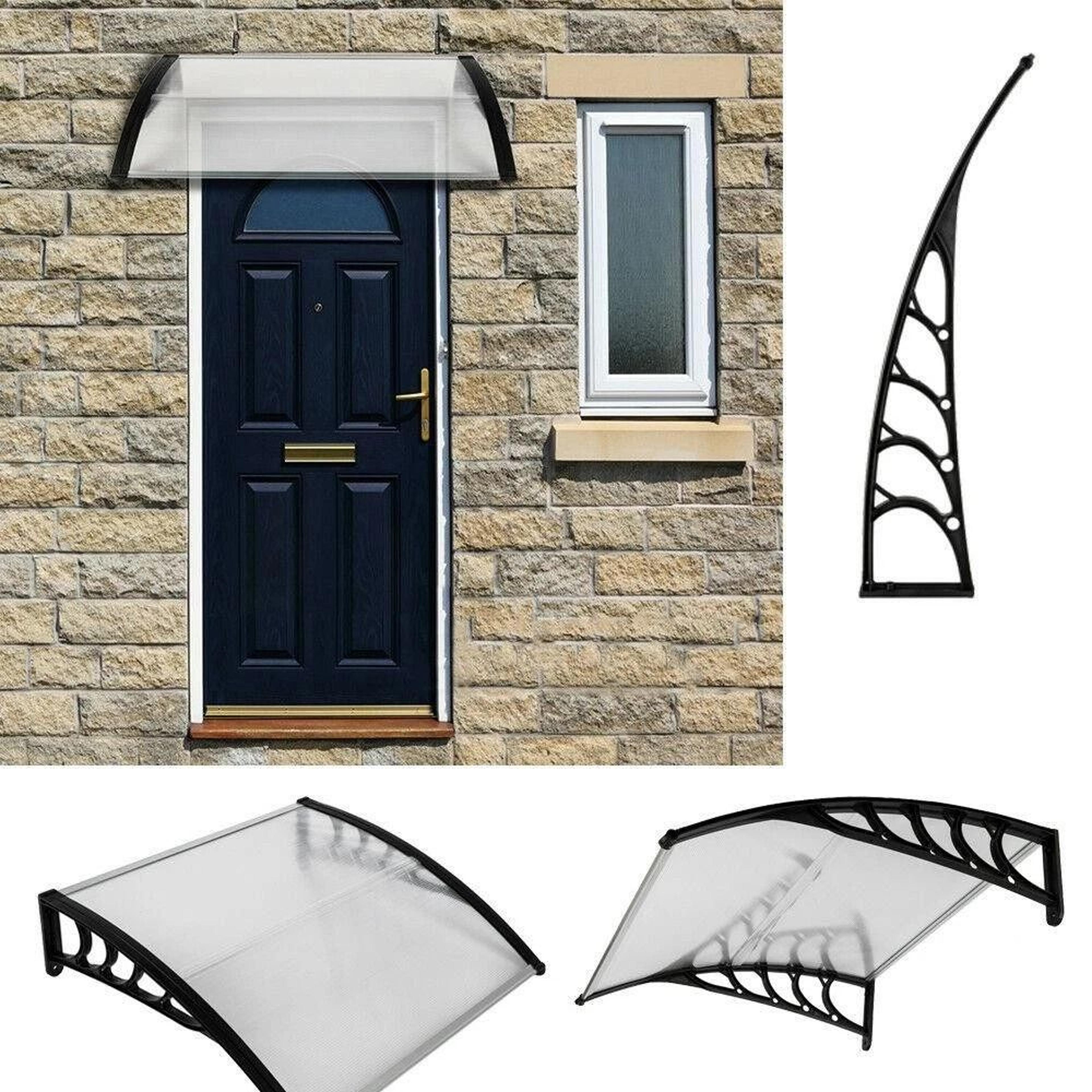 polycarbonate patio doors shade cover with black bracket, durable windows awning for outdoor protection