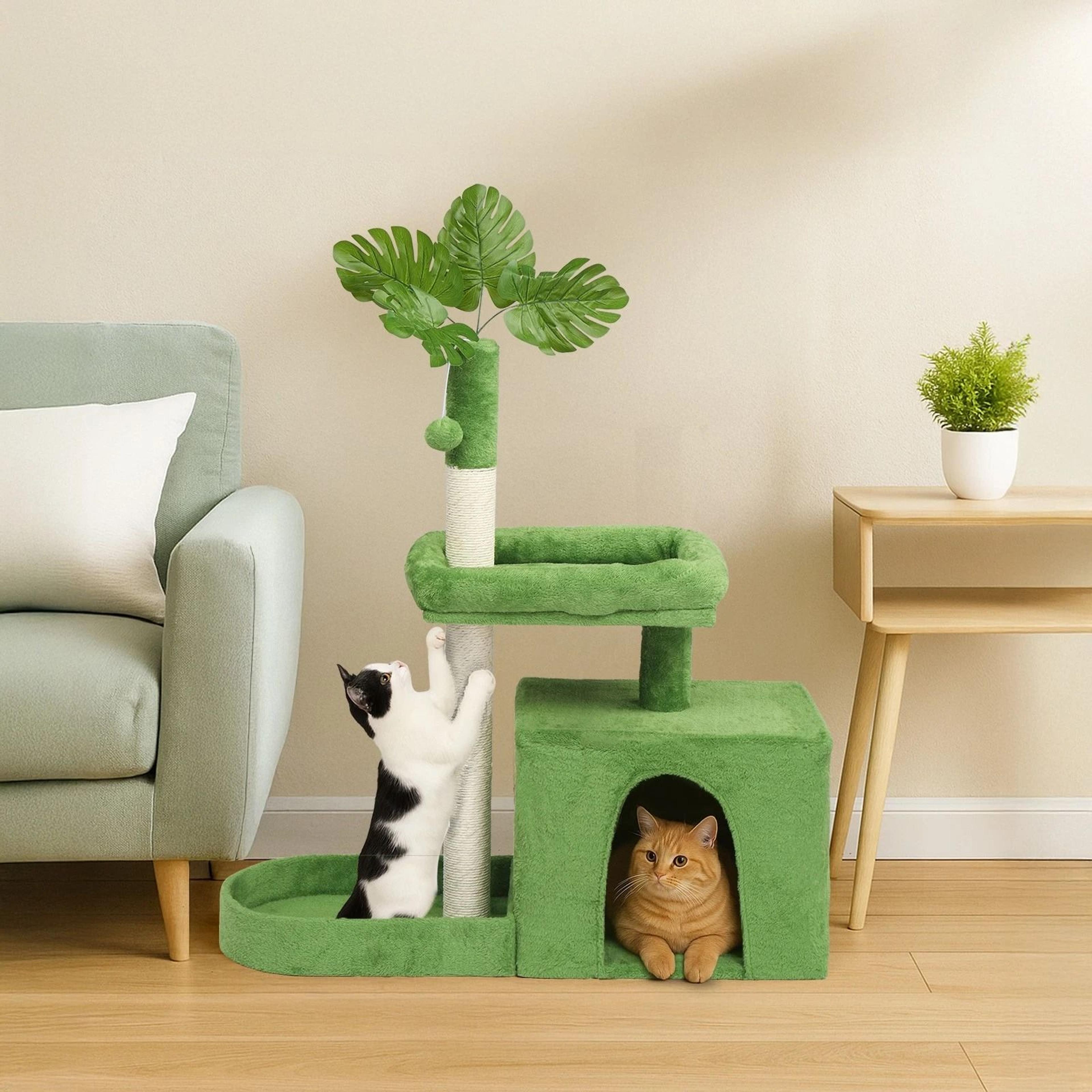 tower with scratching post, cozy condo, green leaves cat tree with padded beds