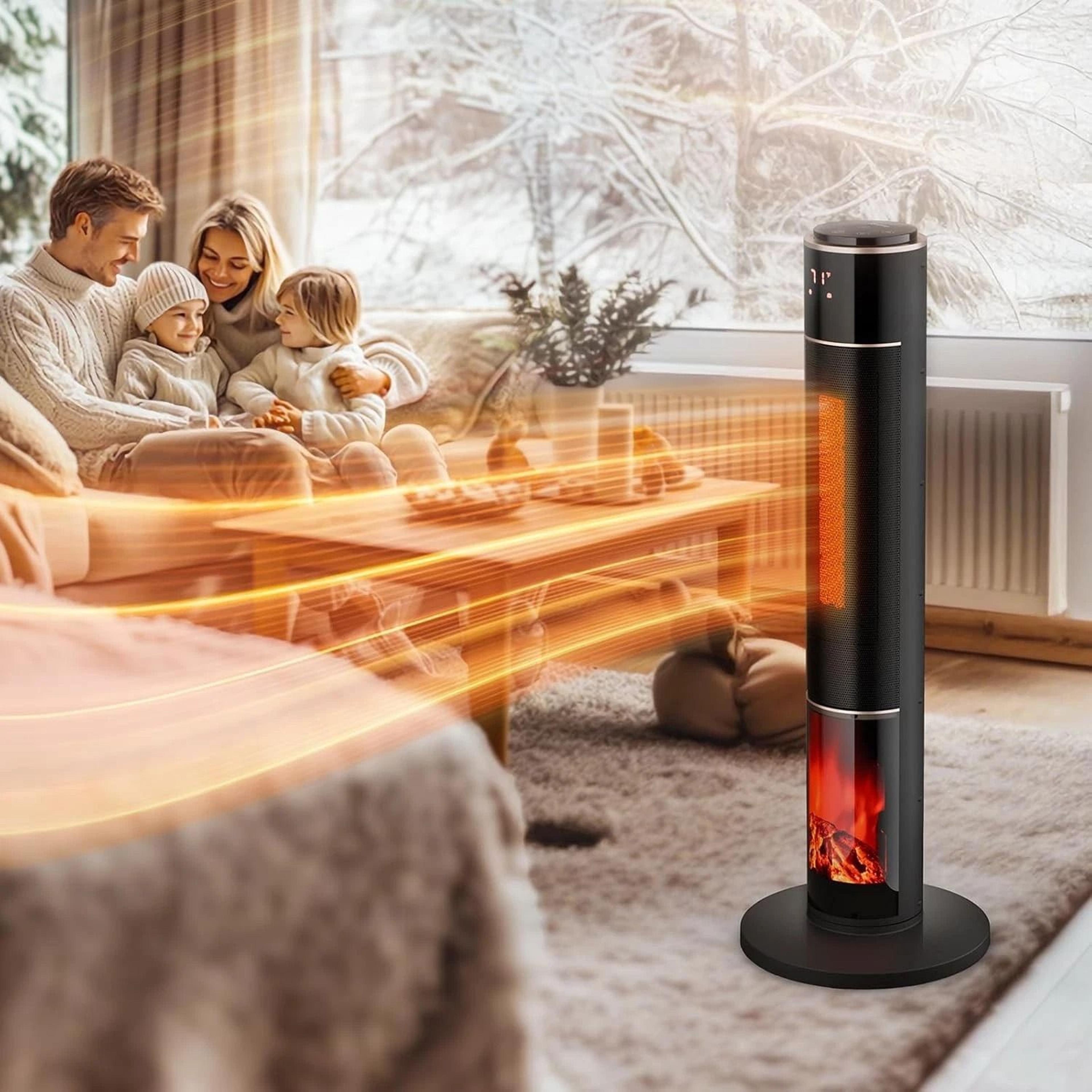 electric space tower heater w/remote, tip-over protection, overheating safety feature