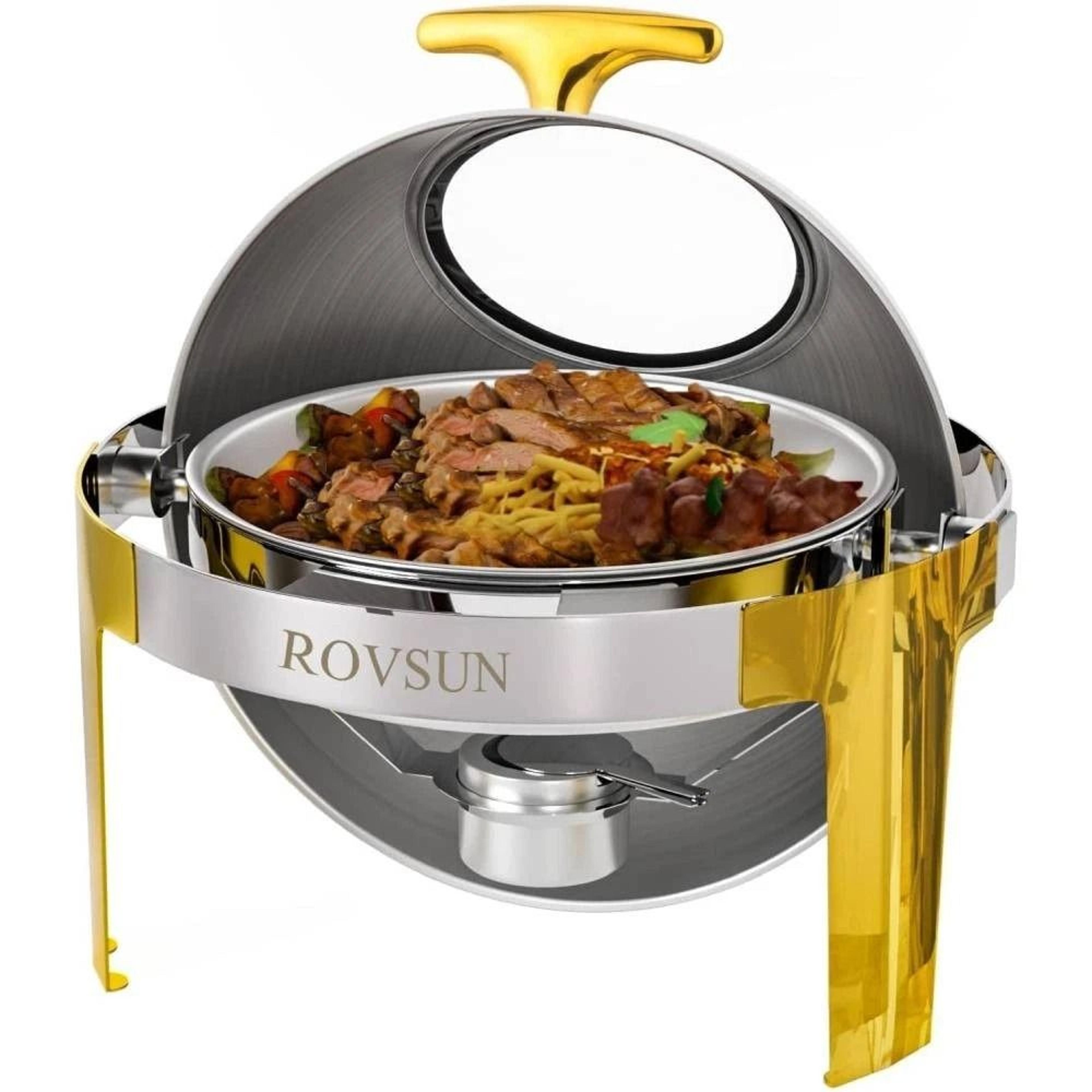 6 quart round chafing dish buffet set, stainless steel with glass window, elegant gold finish