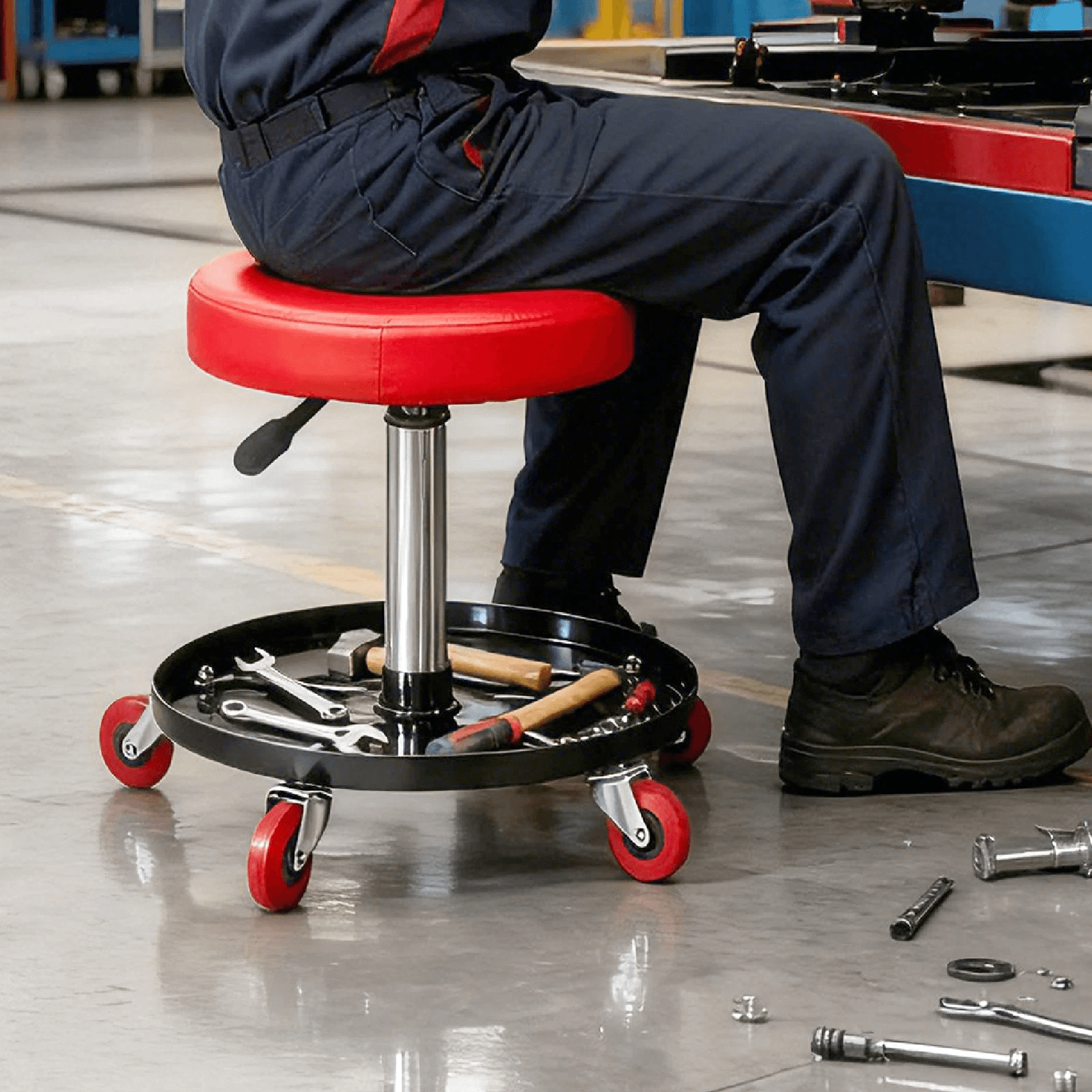 rolling pneumatic creeper, mechanic stool, adjustable height, durable and comfortable seat