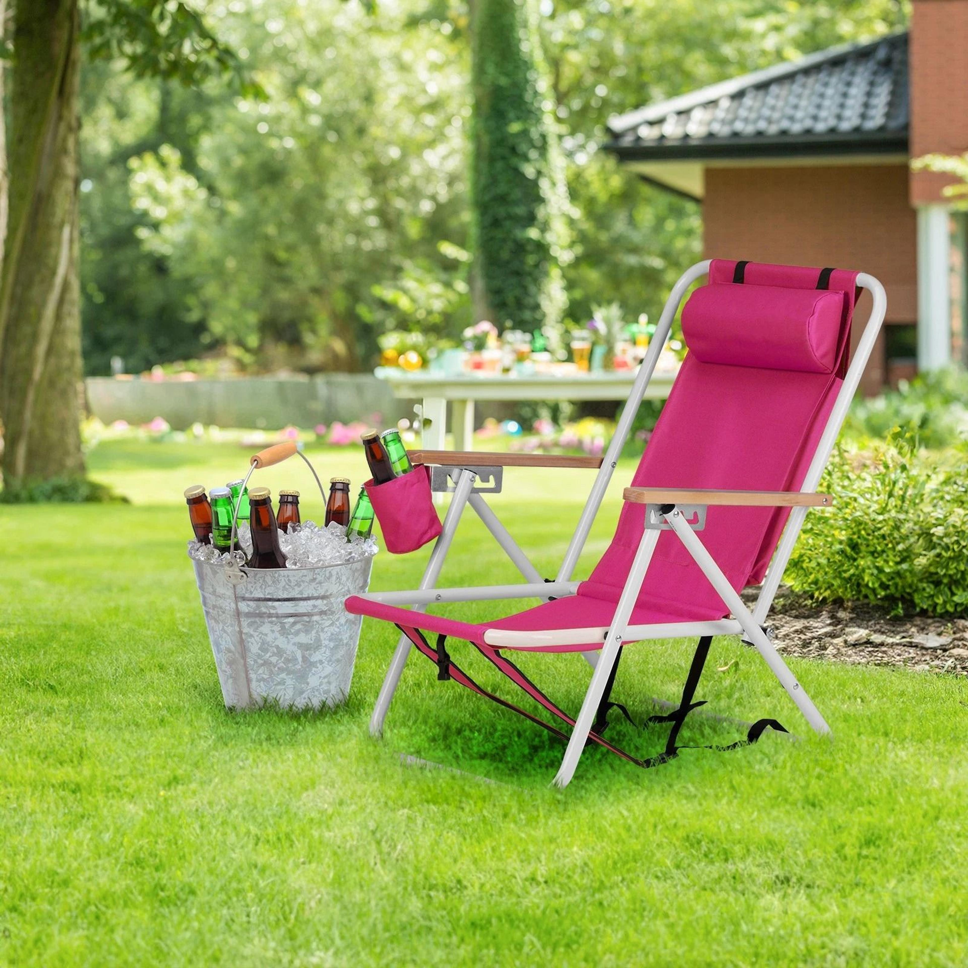 portable backpack camping chair, folding beach lounge chair with cup holder, pillows for travel and beach