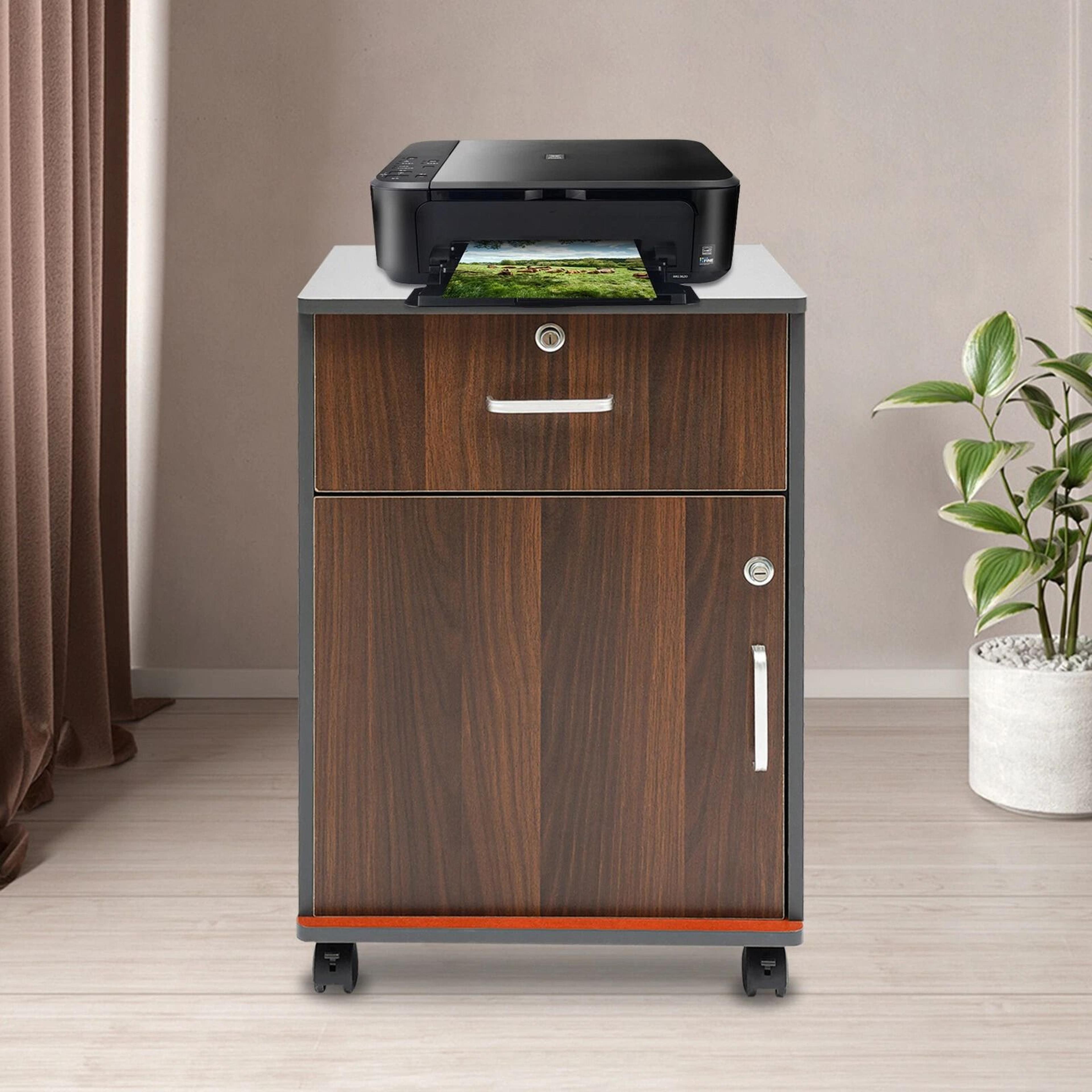 rolling office storage cabinet organizer, 2 tiers filing cabinet with lock