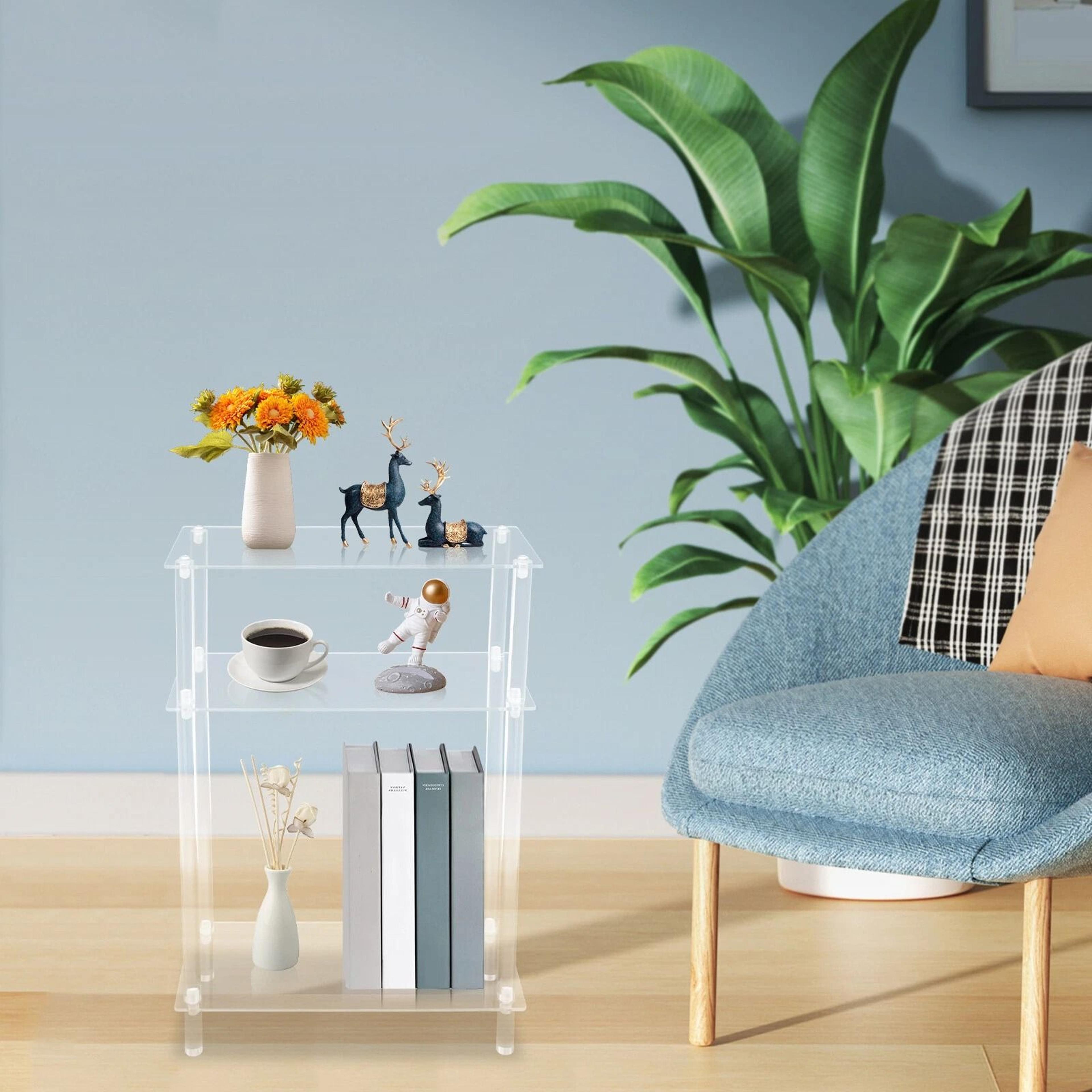 wide skinny nightstand, slim small end table, acrylic narrow side table