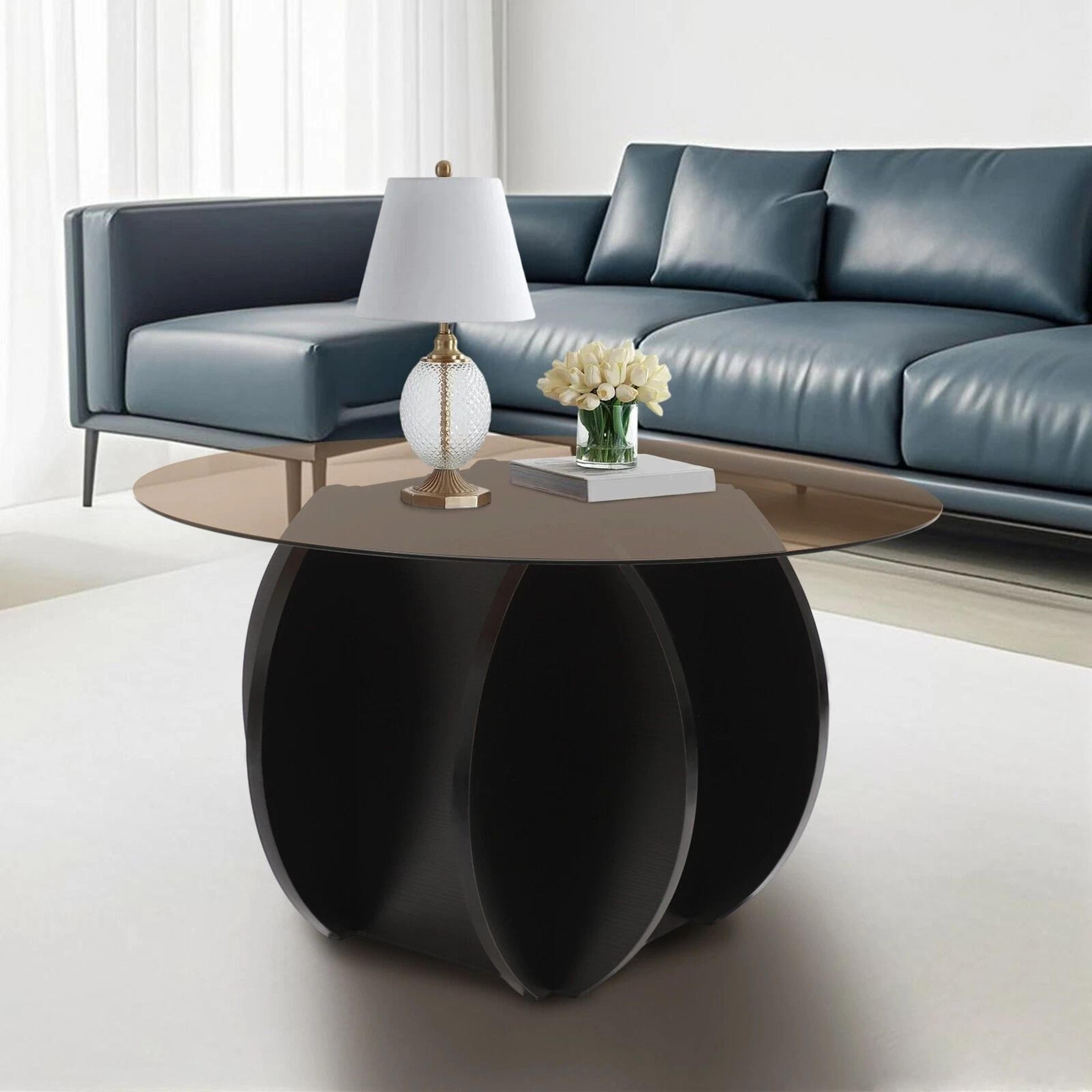 unique circle center table with wood base, round glass tabletop coffee