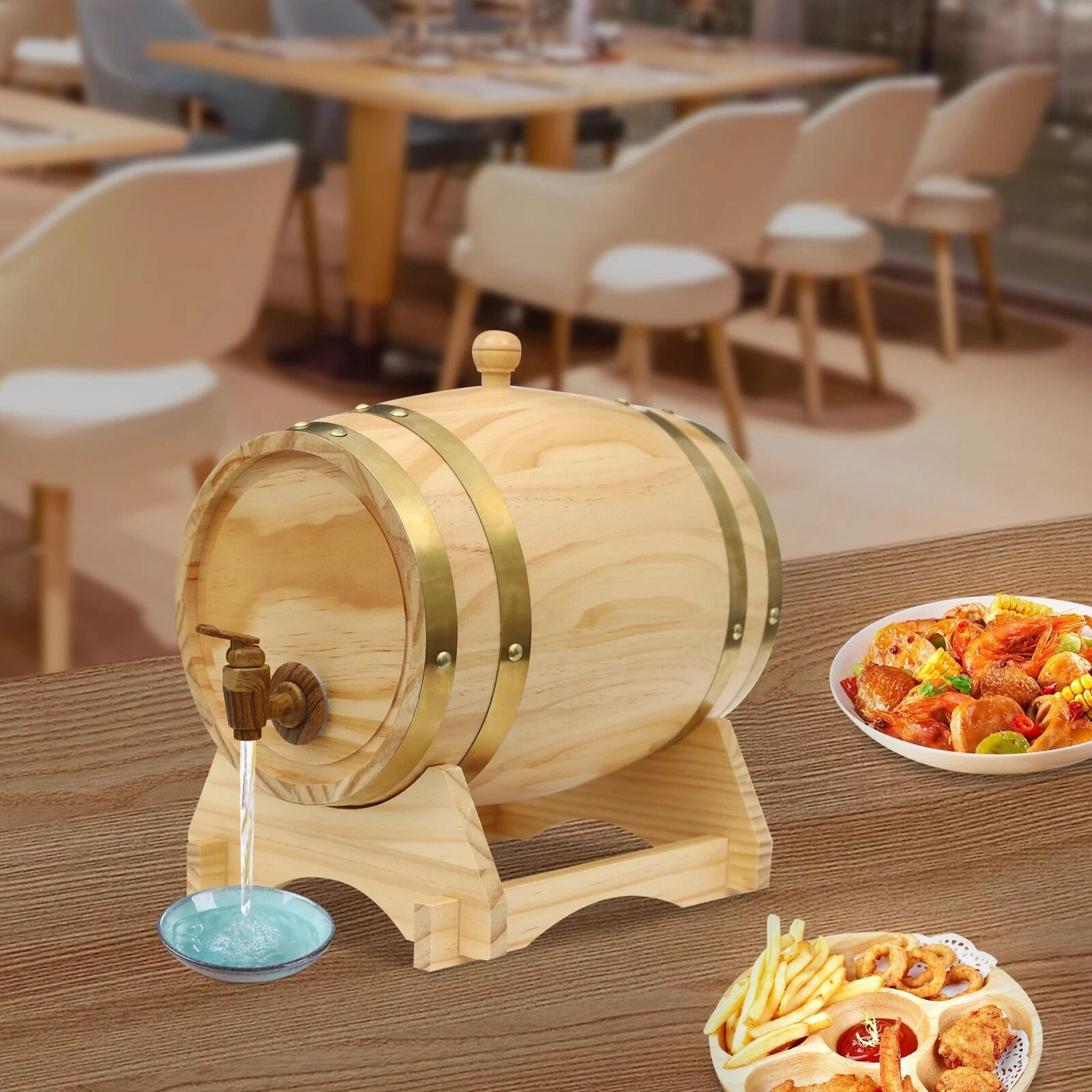 wine barrel with faucet on decorative pine wood stand for whiskey & wine