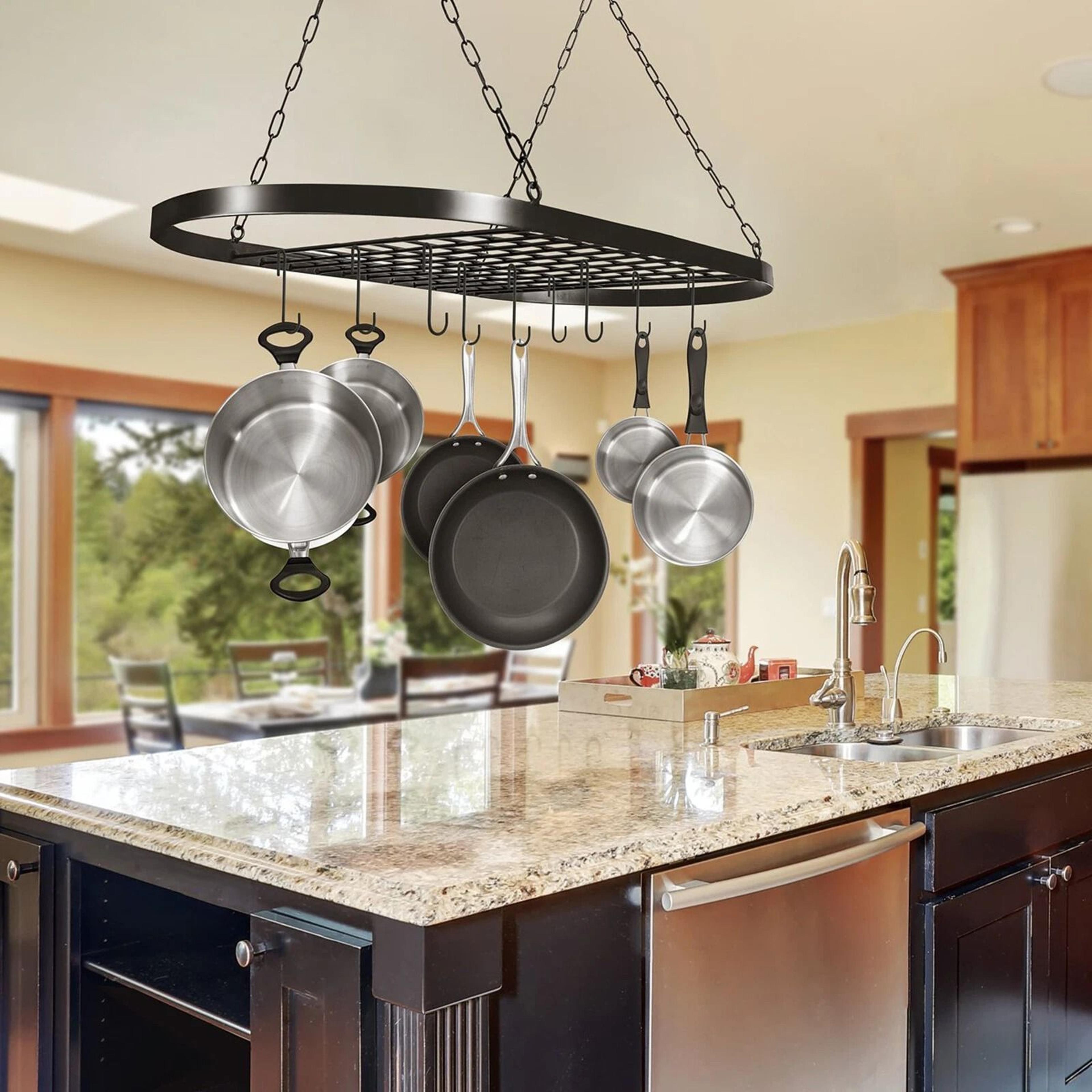 oval pot and pan rack for ceiling, wall mounted storage with hooks