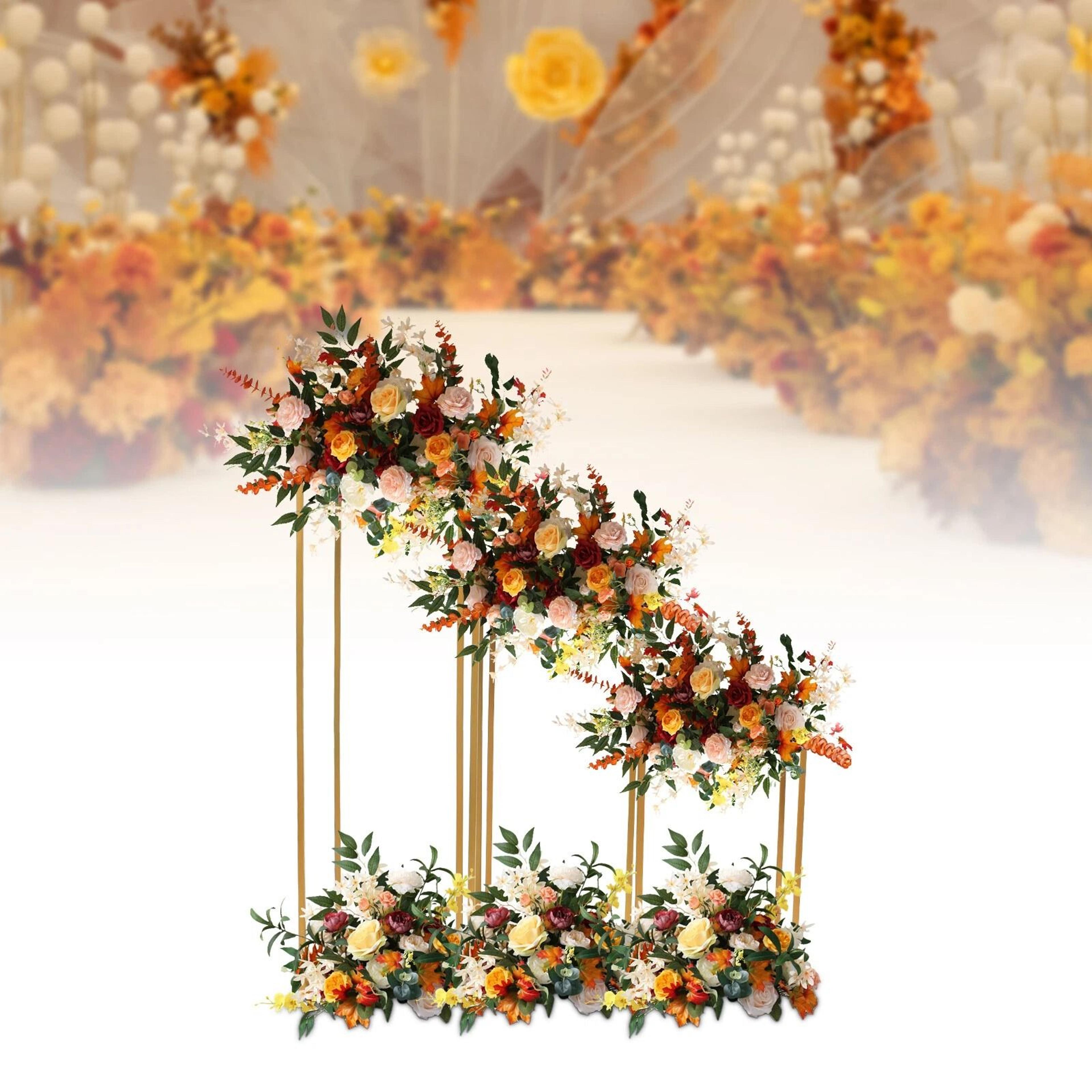 elegant gold wedding flower stand set, plating floral decor vase, floor column stand