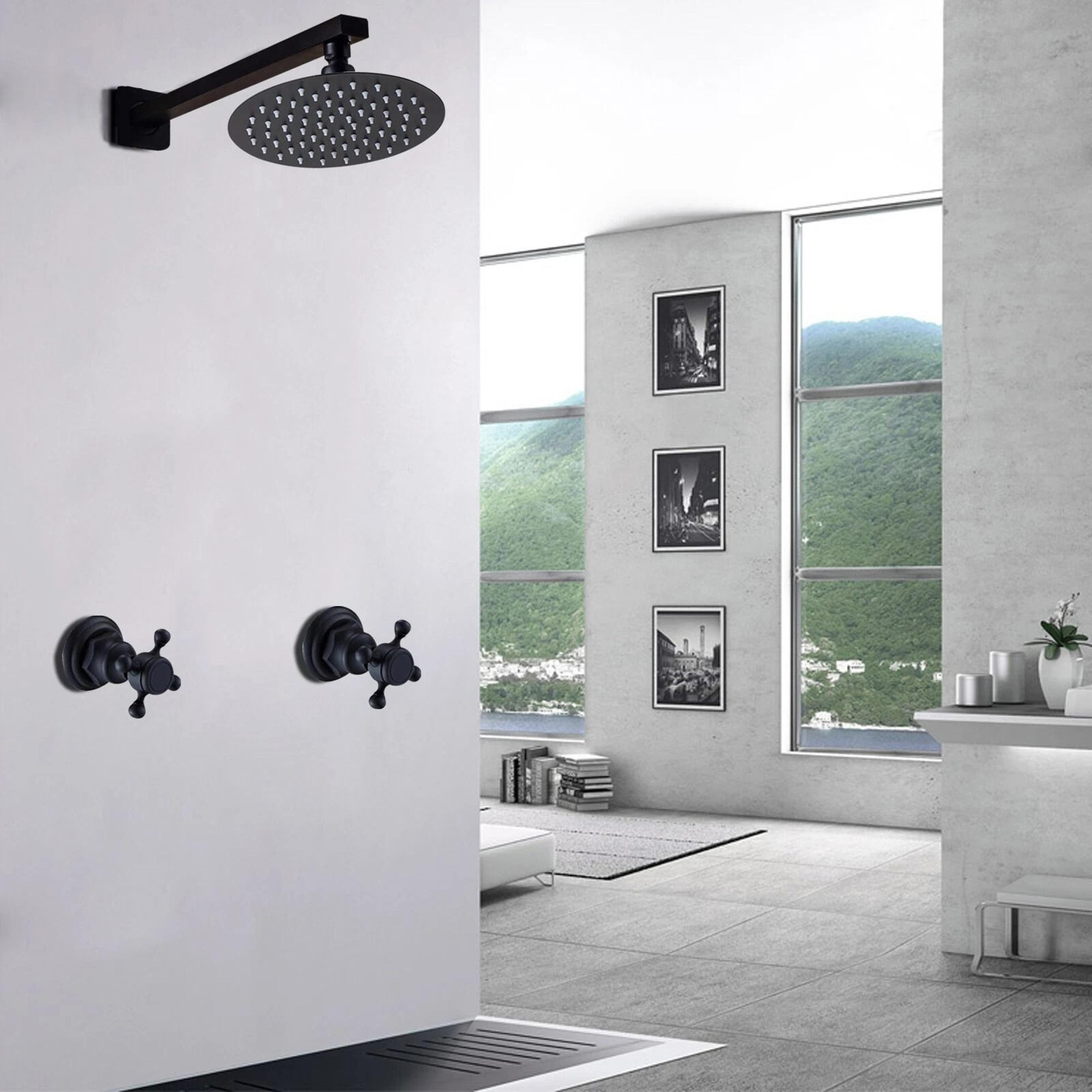 black shower faucet system combo, rainfall shower head set w/ mixer valve kit
