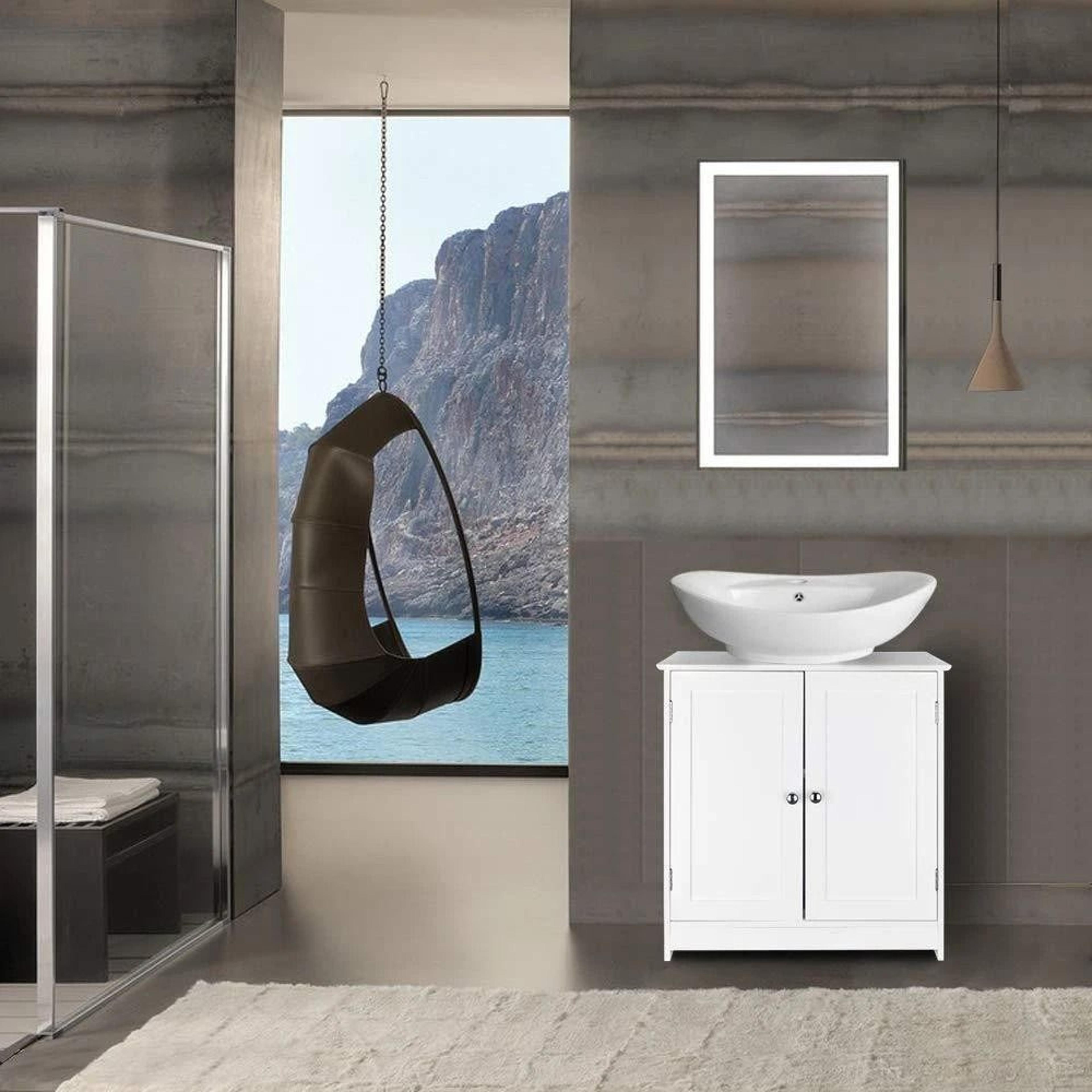 white pedestal sink vanity cabinet with 2 shelves for stylish bathroom storage