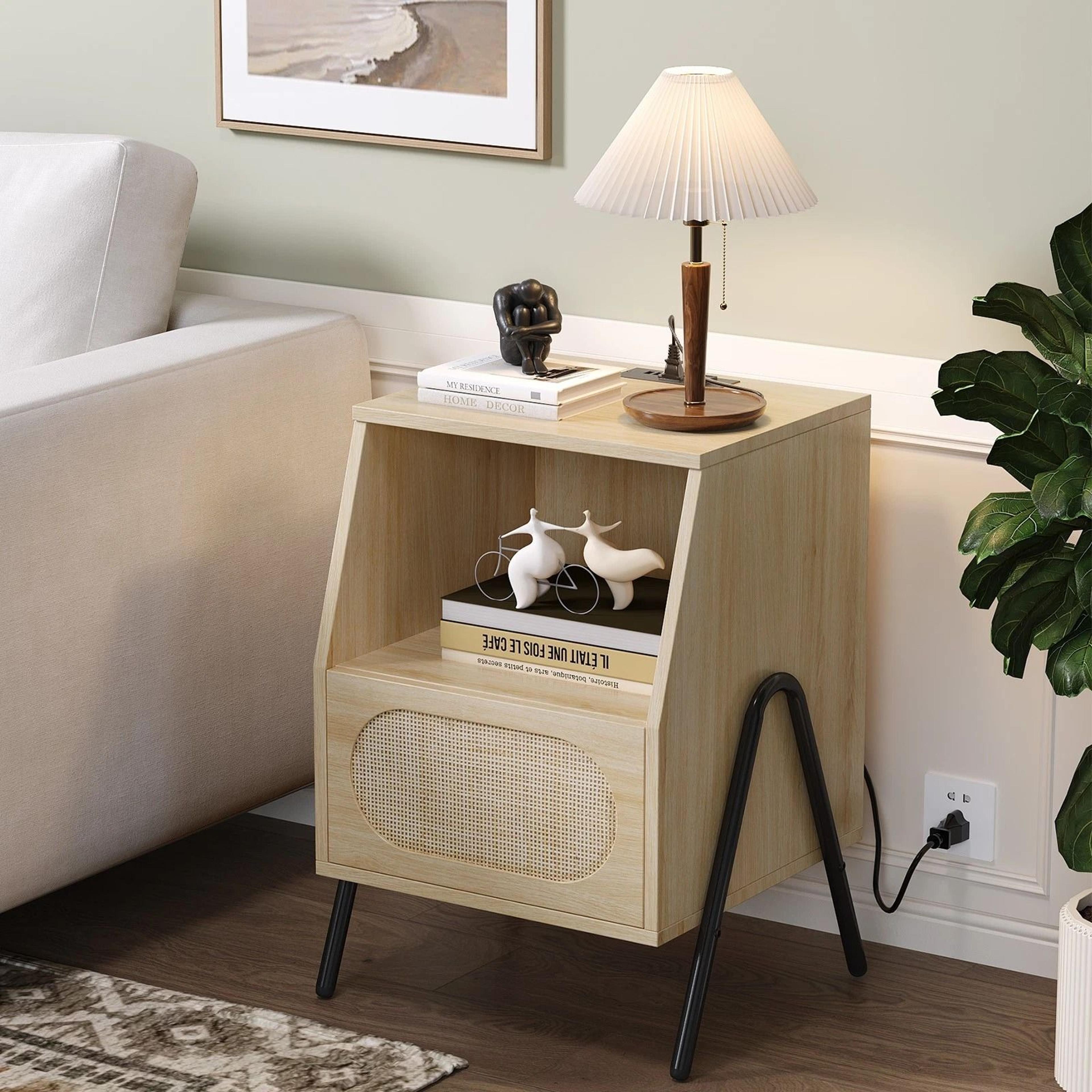 boho rattan nightstand, farmhouse wood bedside table with storage drawer & open shelf