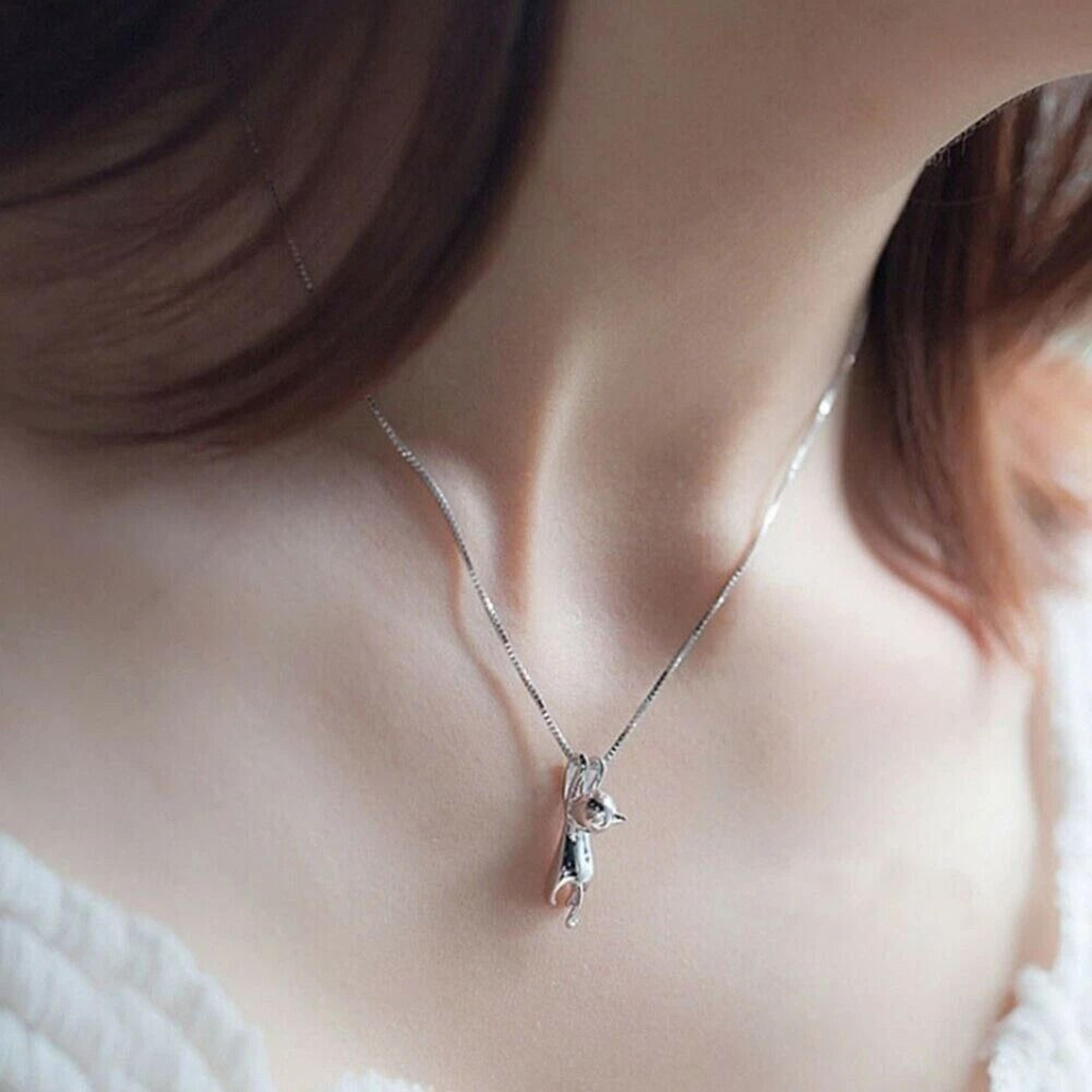 cute cat kitty pendant, sterling silver love necklace chain, women gift