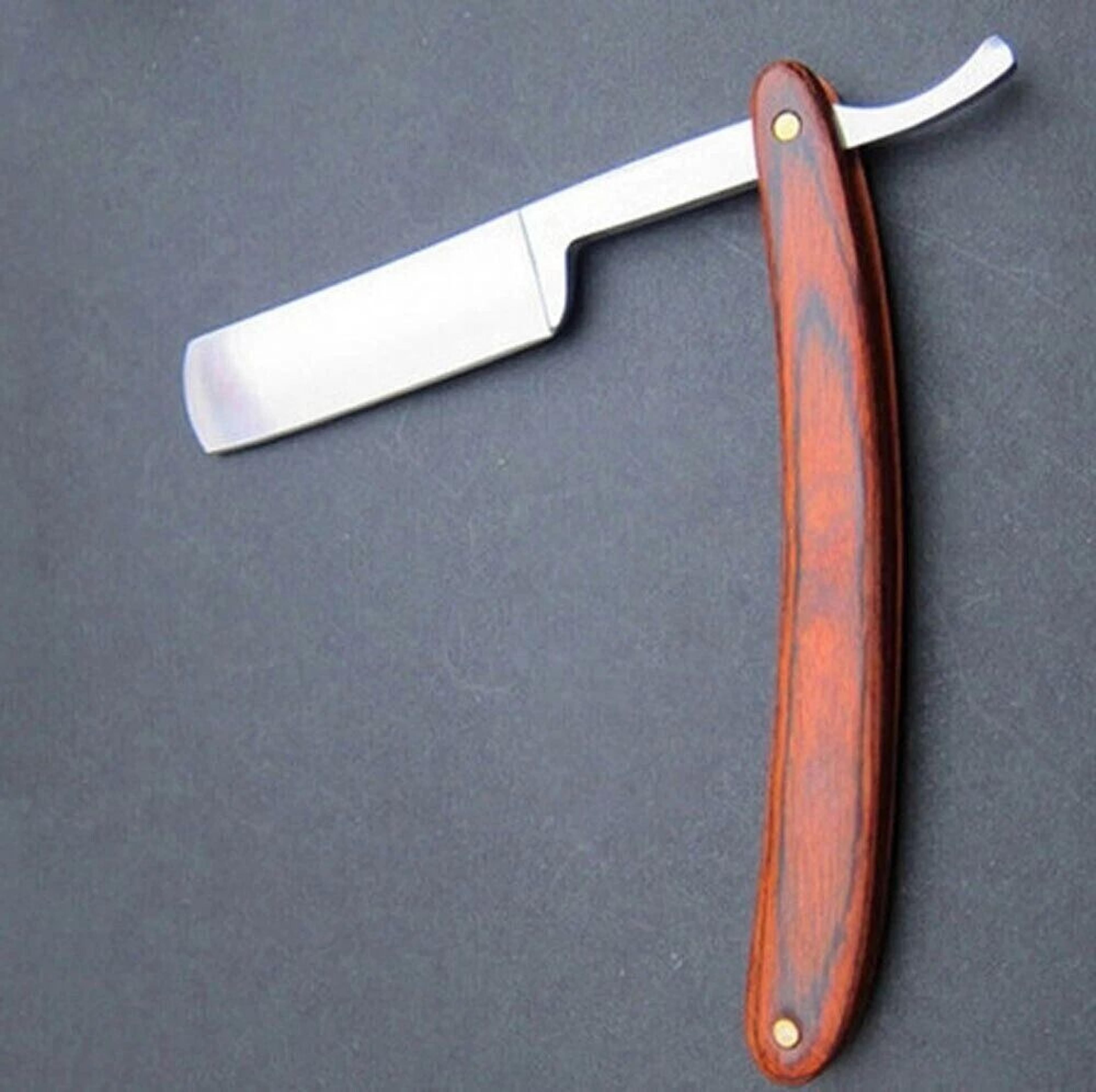 straight edge razor, metal wood handle, classic barber beard shaving tool