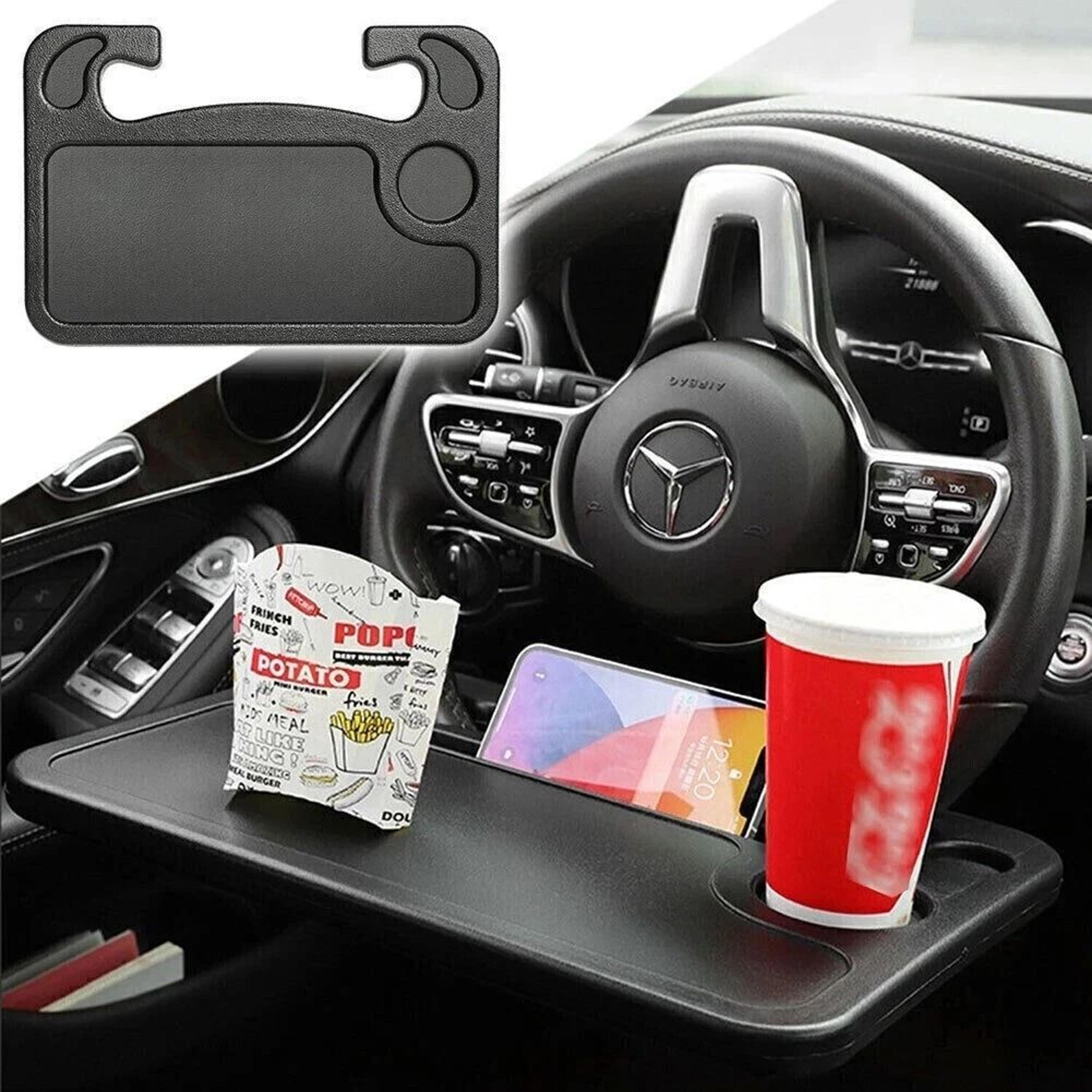 car steering wheel tray desk, sided work table for food, drink, laptop