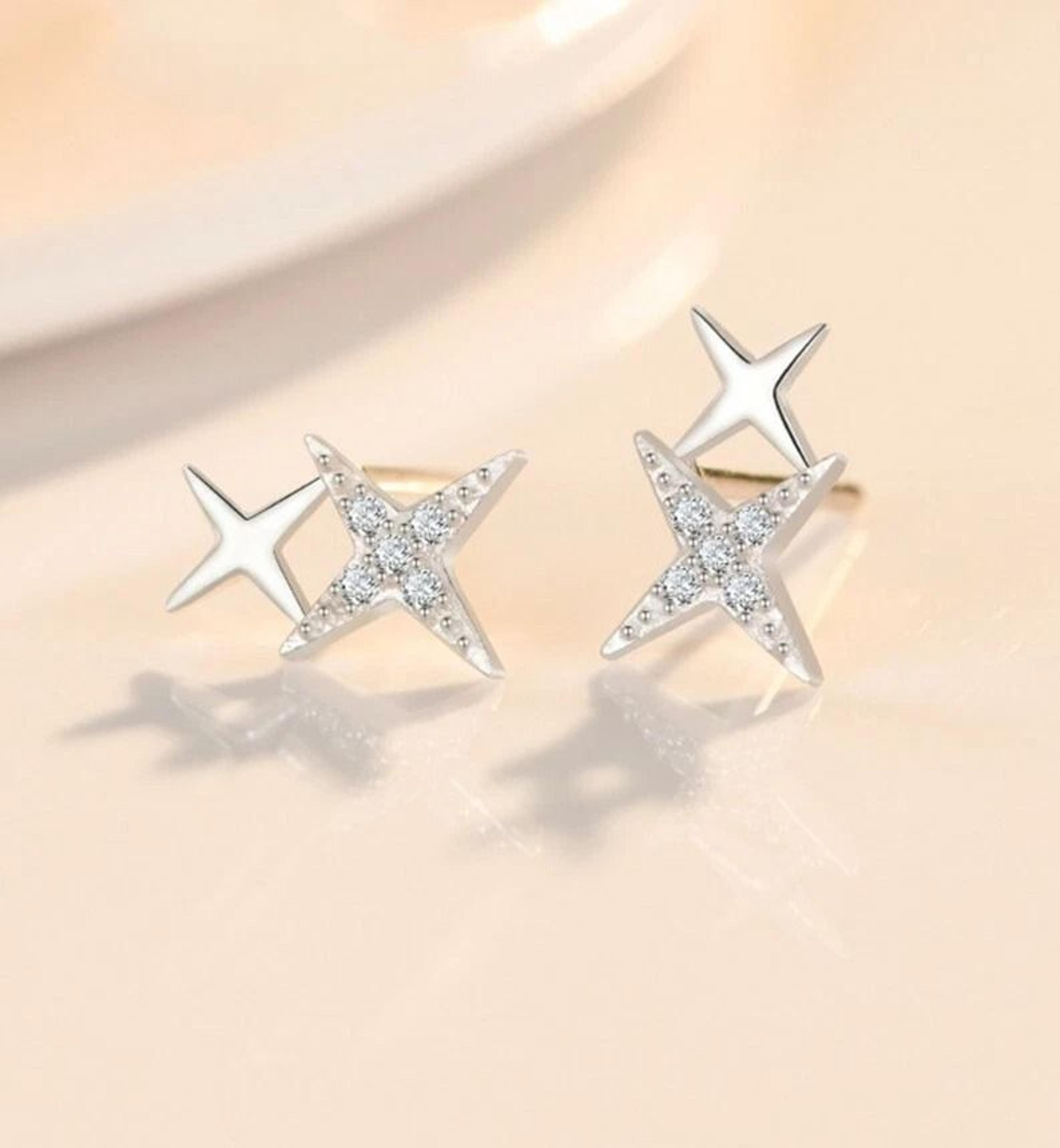 simple crystal bling stars earrings for women, sterling silver studs, fashionable and elegant jewelry