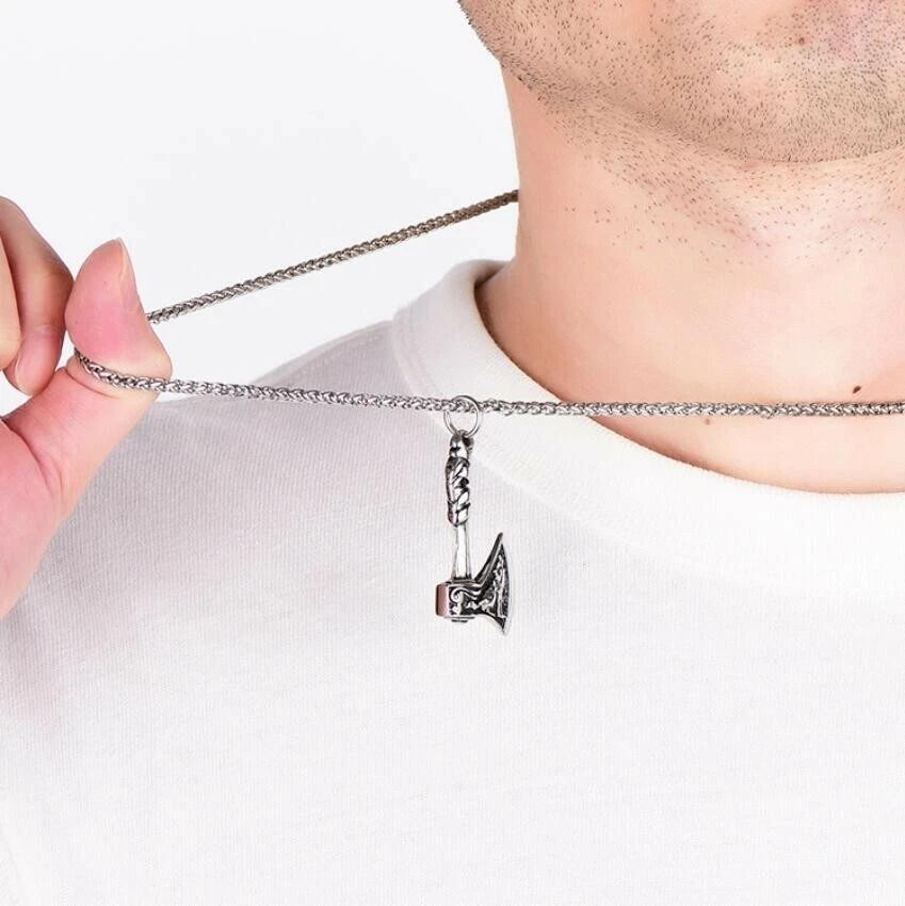 vintage men stainless steel viking celtic axe pendant necklace, chain
