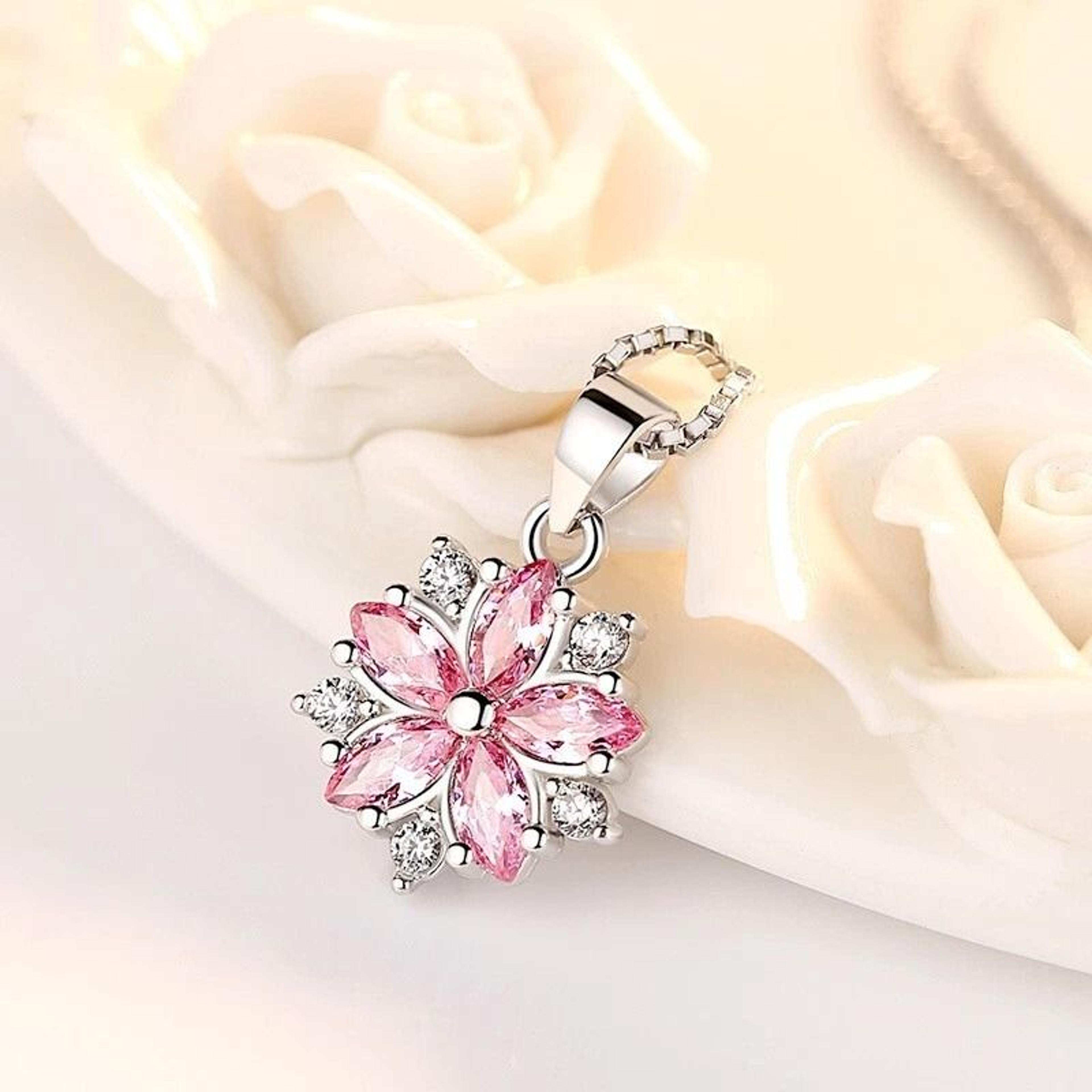 elegant women sterling silver necklace, pink crystal blossom flowers
