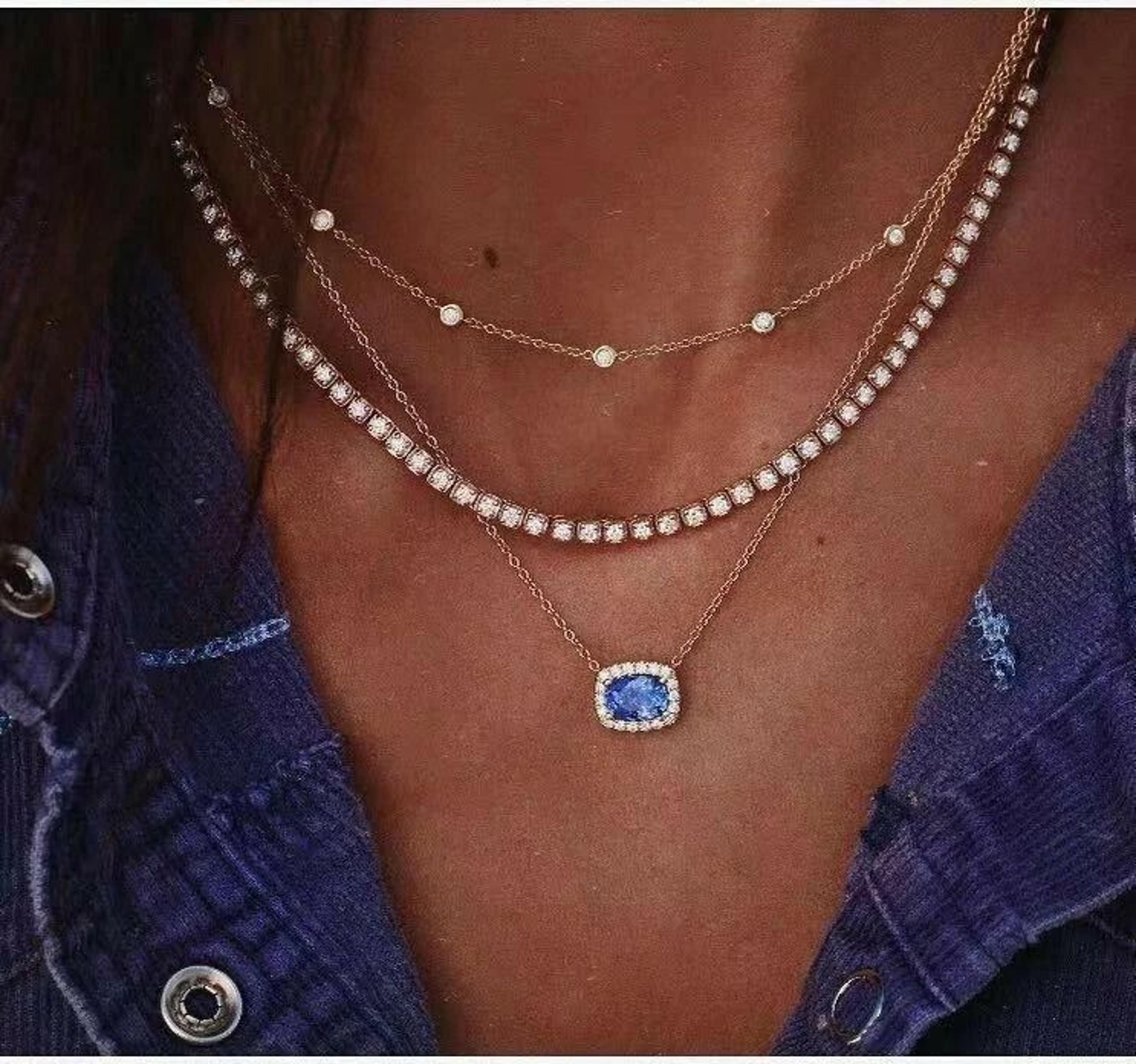 layered bling chain necklace, women fashion jewelry, crystal blue pendant