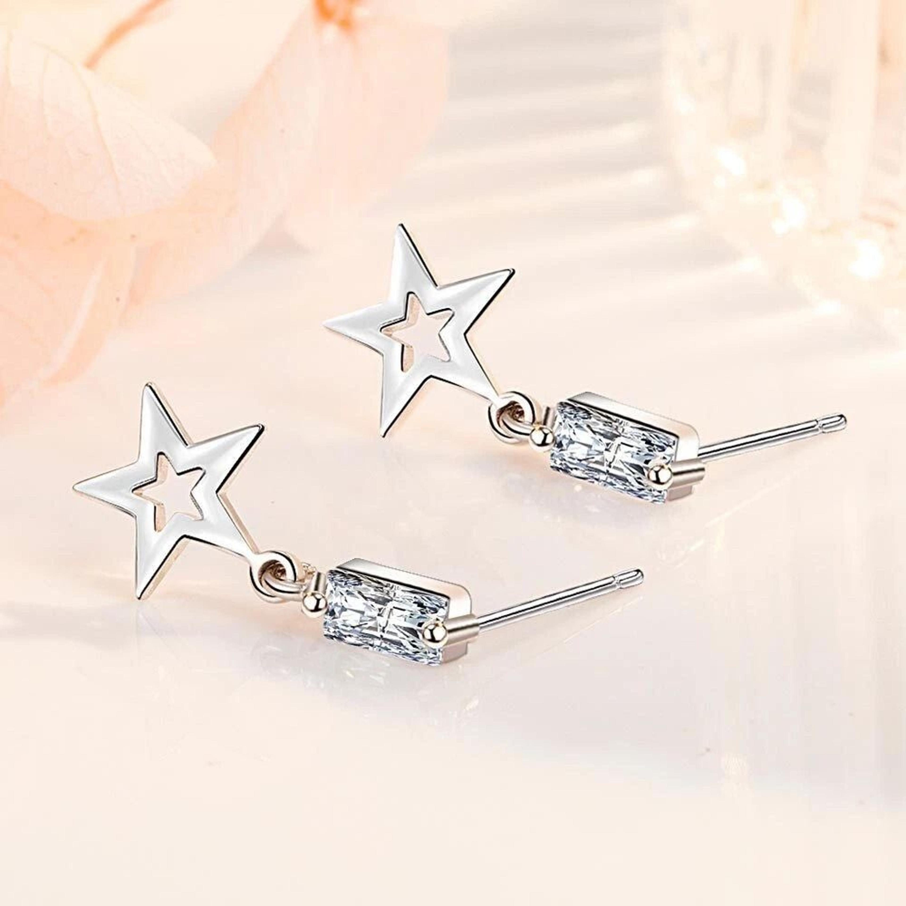 sterling silver earrings for women, cubic zirconia star tassel studs