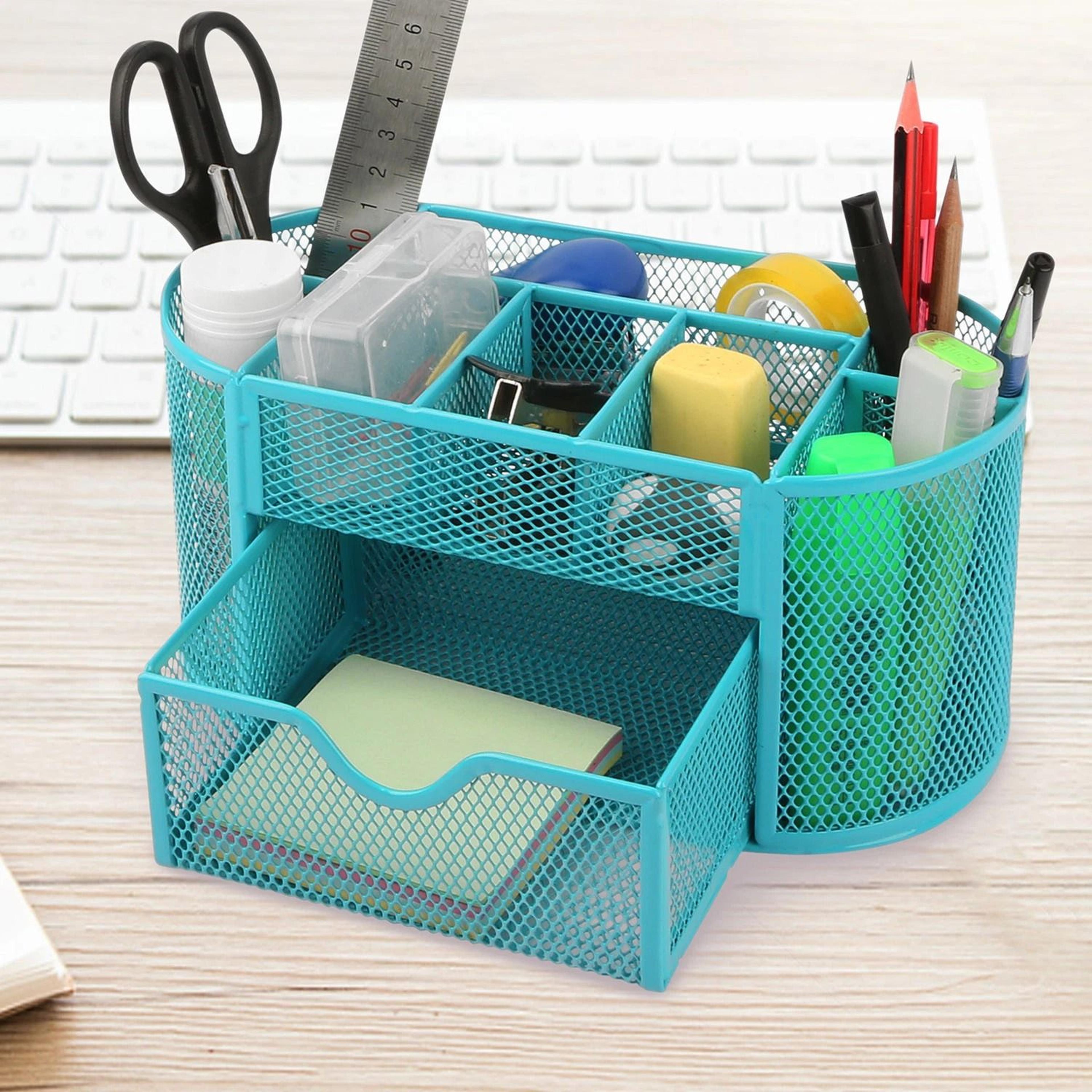 blue mesh desk organizer office pen, pencil, and stationery holder for desktop storage