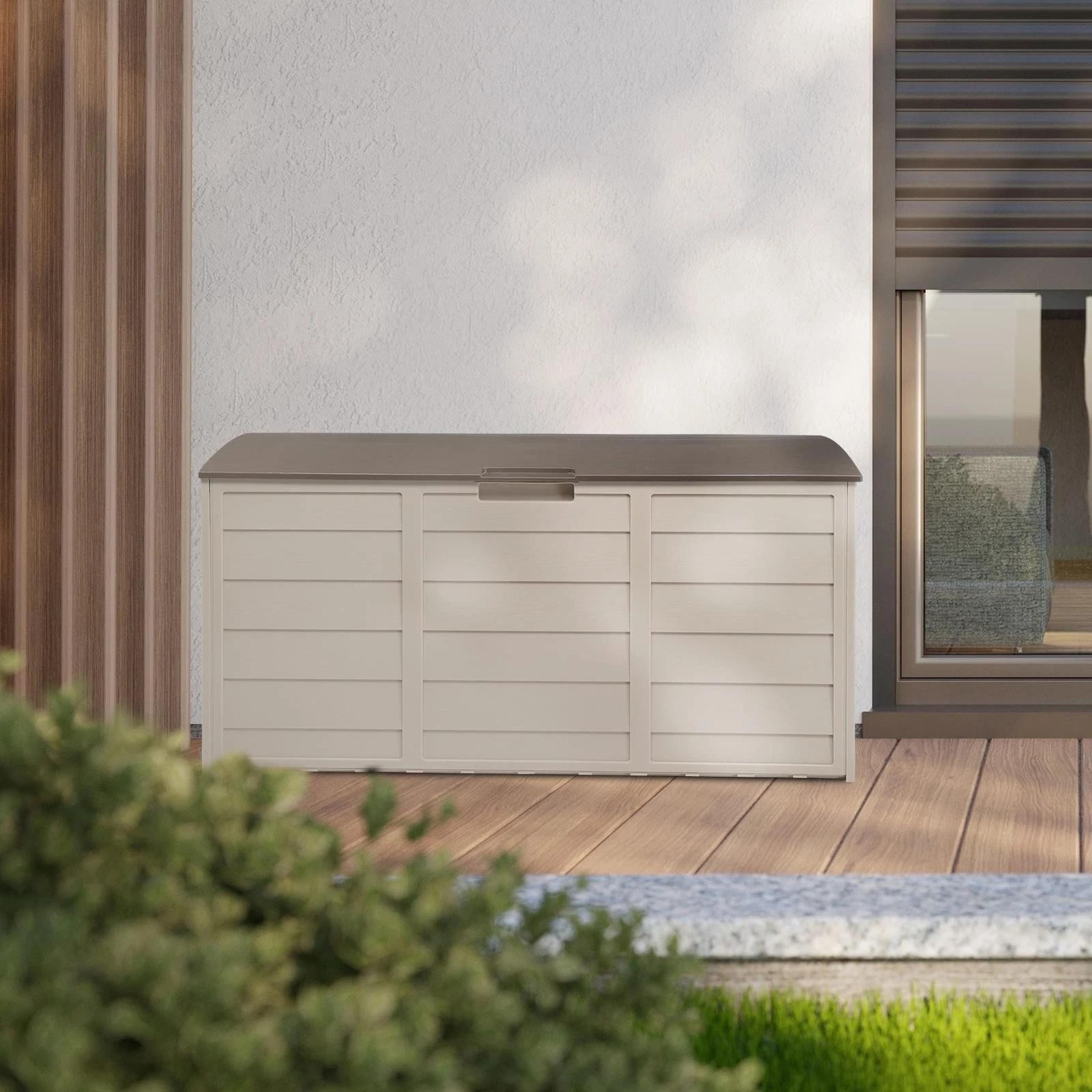 resin deck box for patio furniture & pool accessories durable brown outdoor storage box for toys, cushions