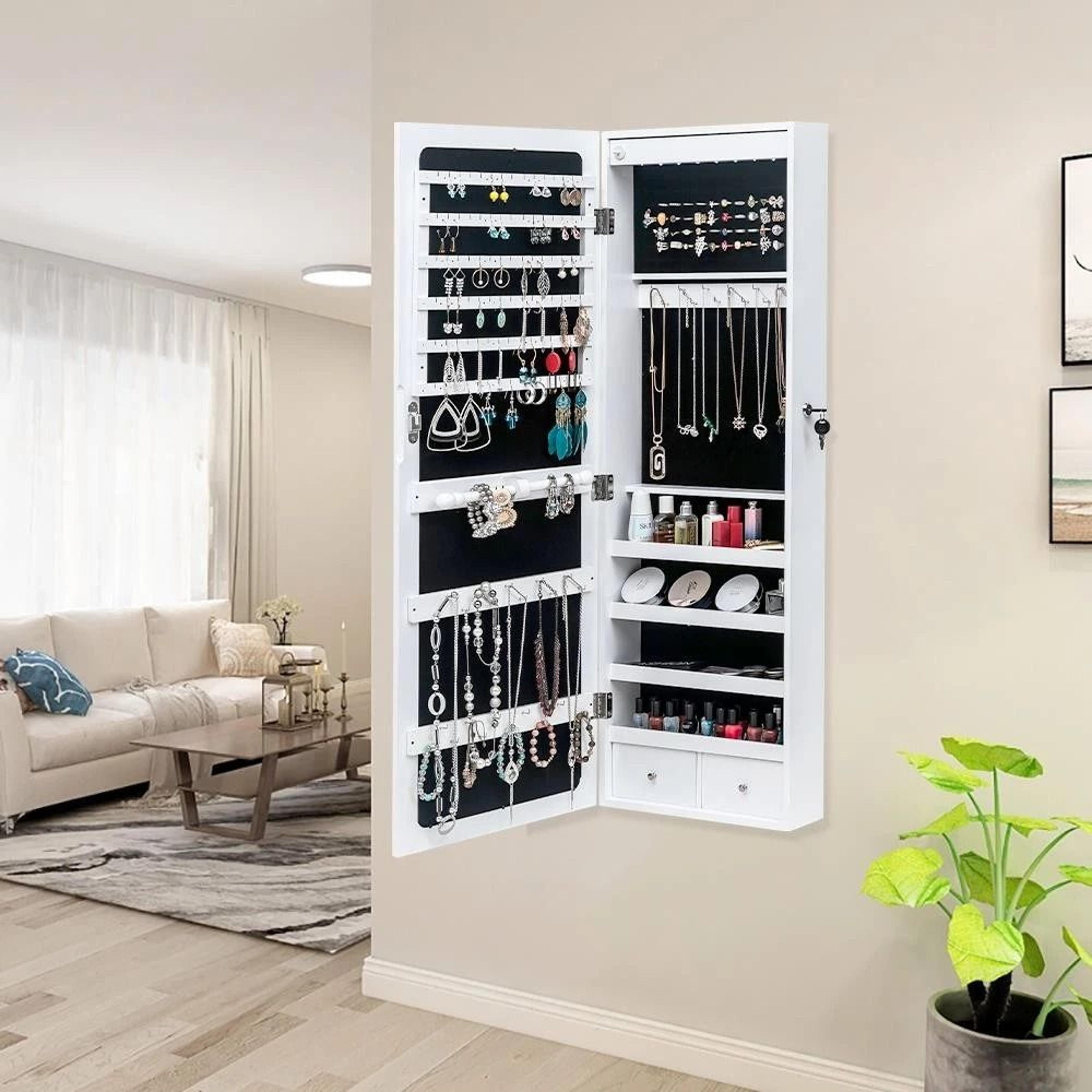 wall & door mounted jewelry cabinet with mirror, lock, and led light organizer armoire