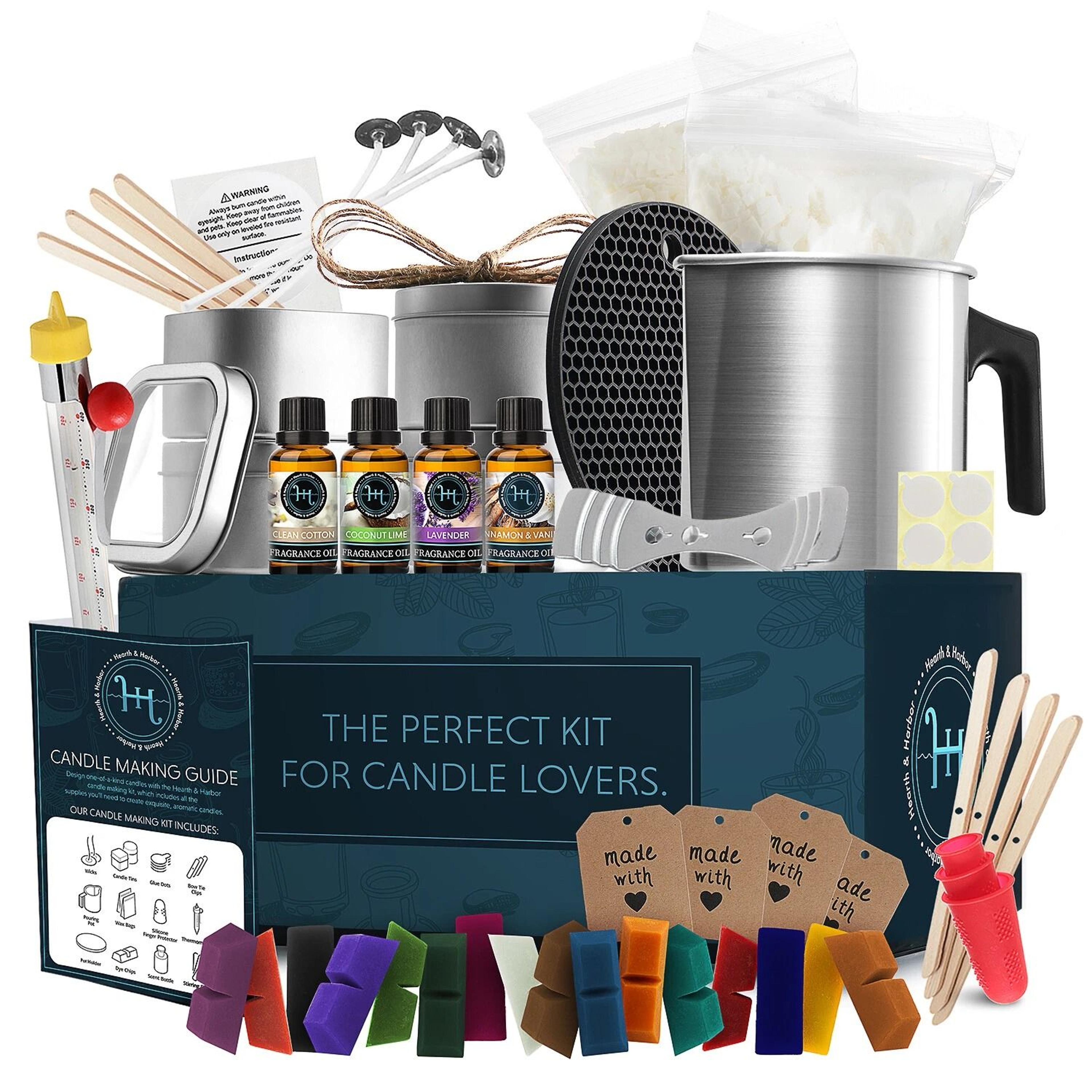diy candle making kit with soy wax, color dyes, thermometer and tins complete candle making supplies set