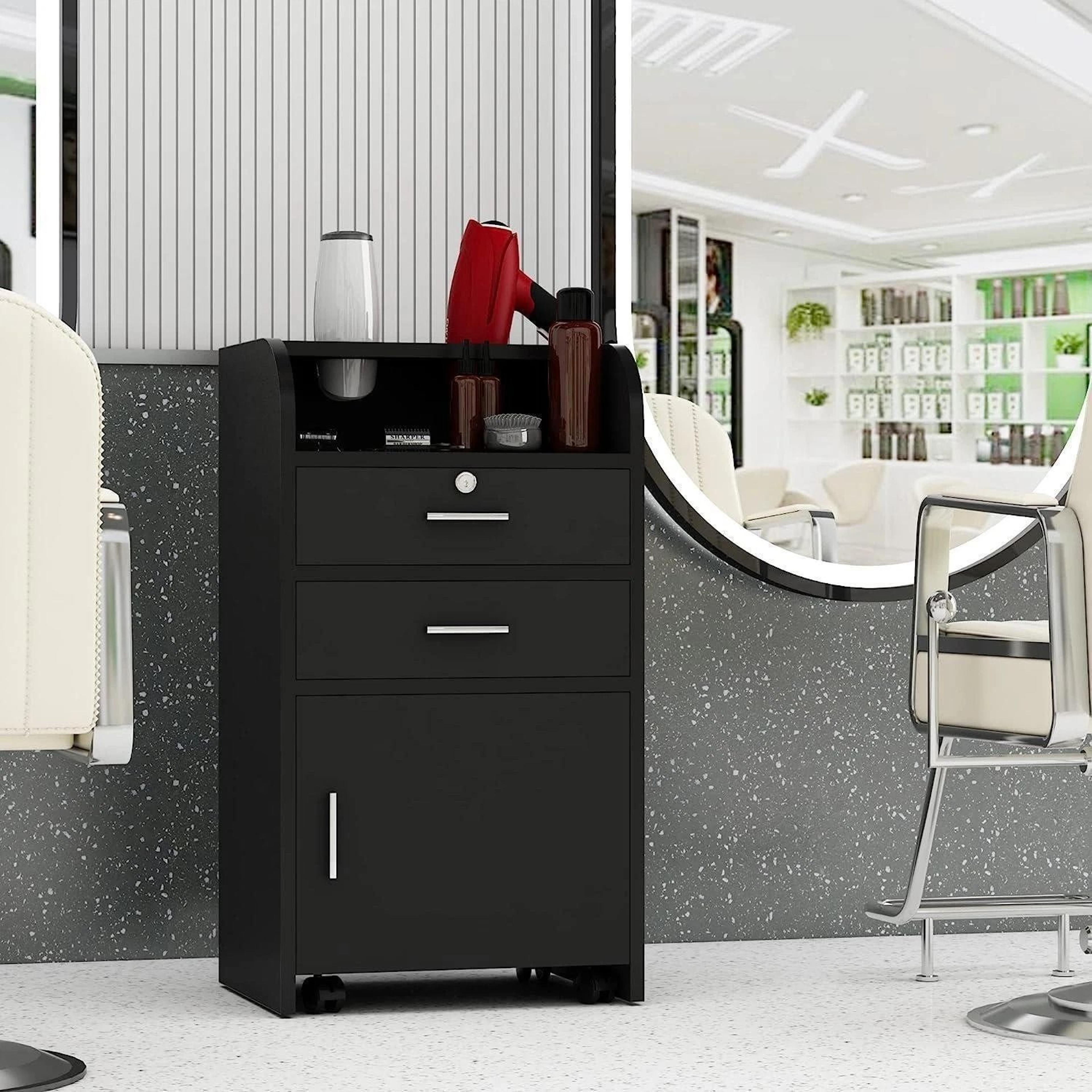 professional barber salon trolley cart with locking wheels, drawer storage and hair dryer holder