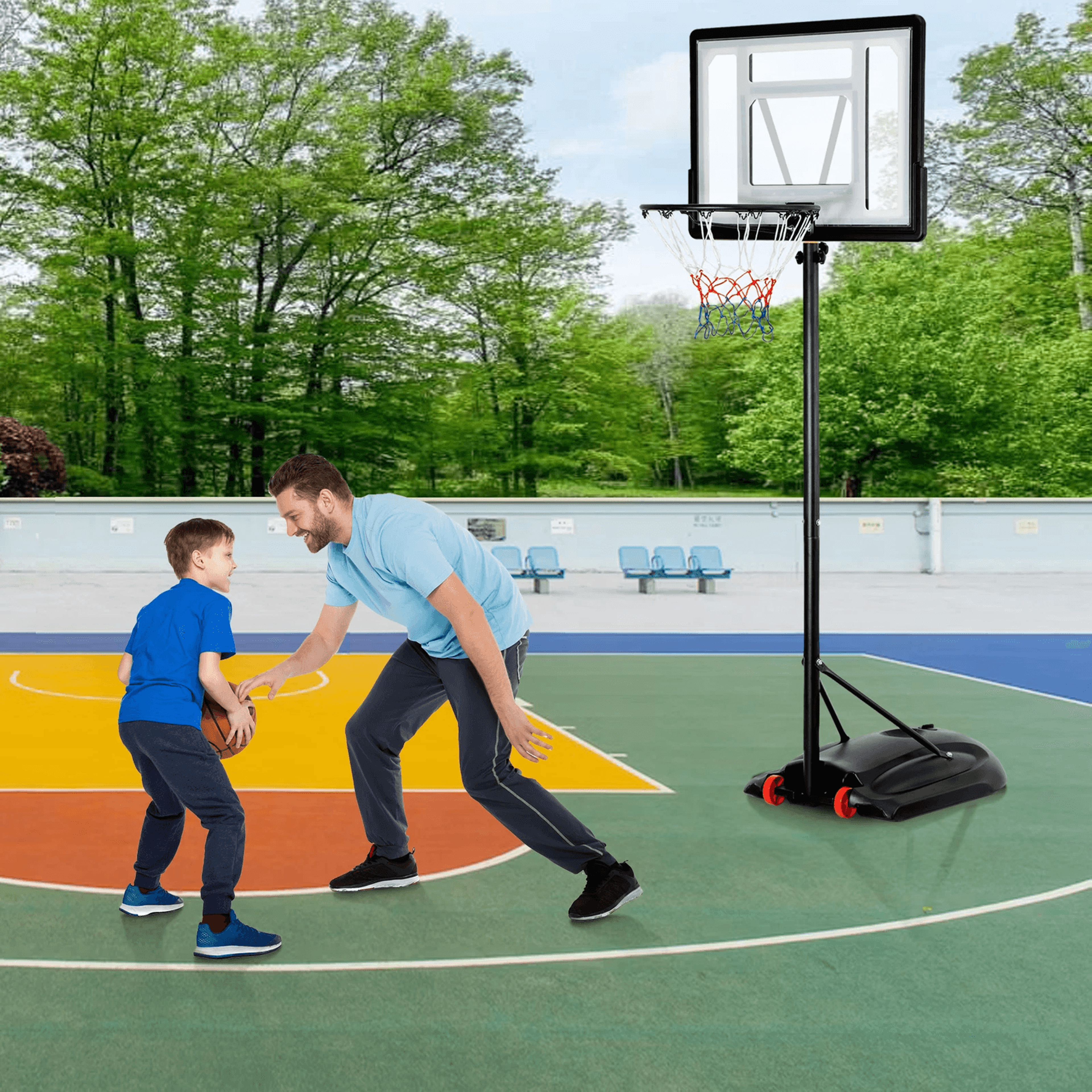 portable adjustable basketball hoop system with wheels outdoor driveway goal with pvc backboard