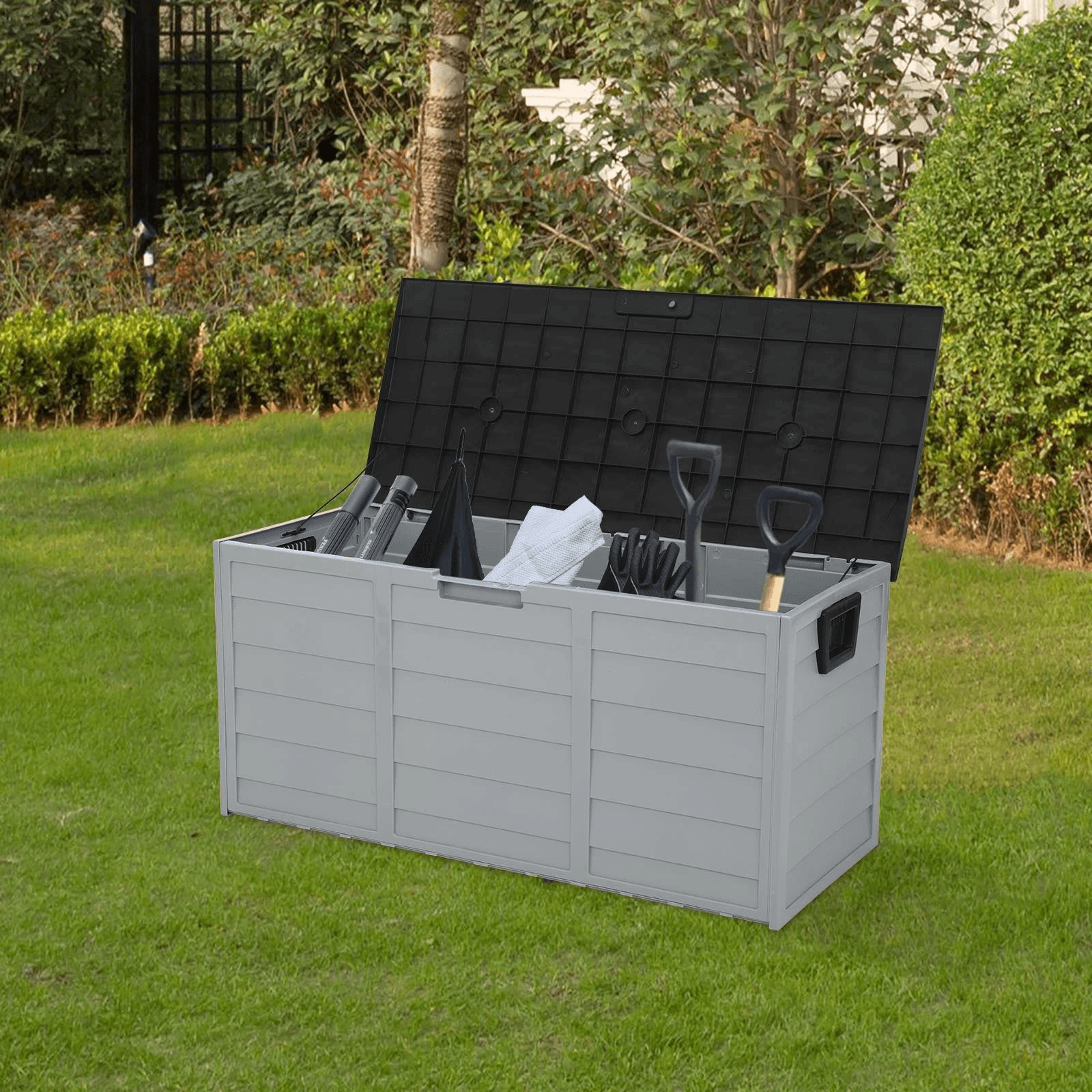 garden storage box 75 gallon outdoor tool case with cushion organizer and wheels black, durable, easy-to-move