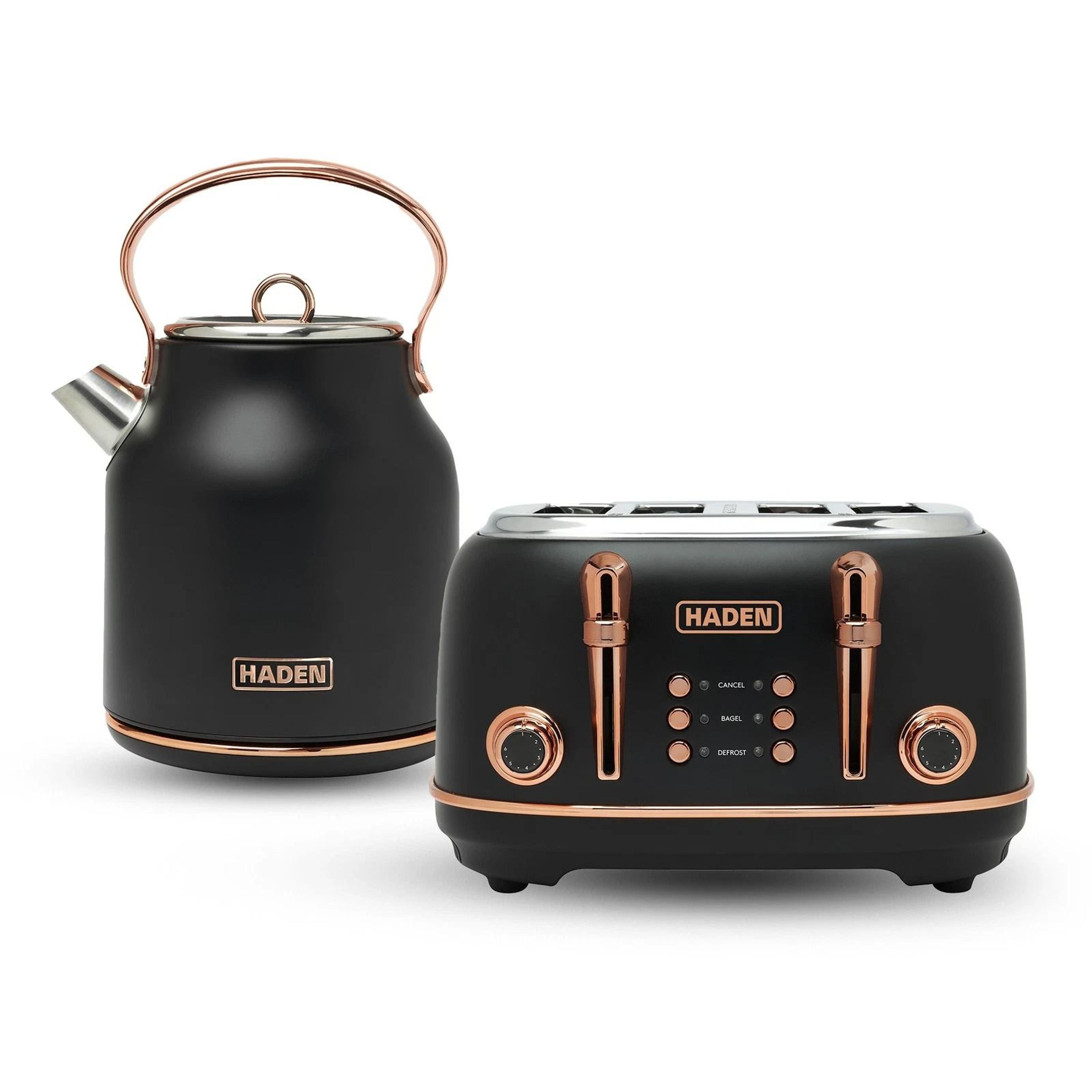 haden heritage 4 slice toaster & electric kettle set, black & copper stylish kitchen duo