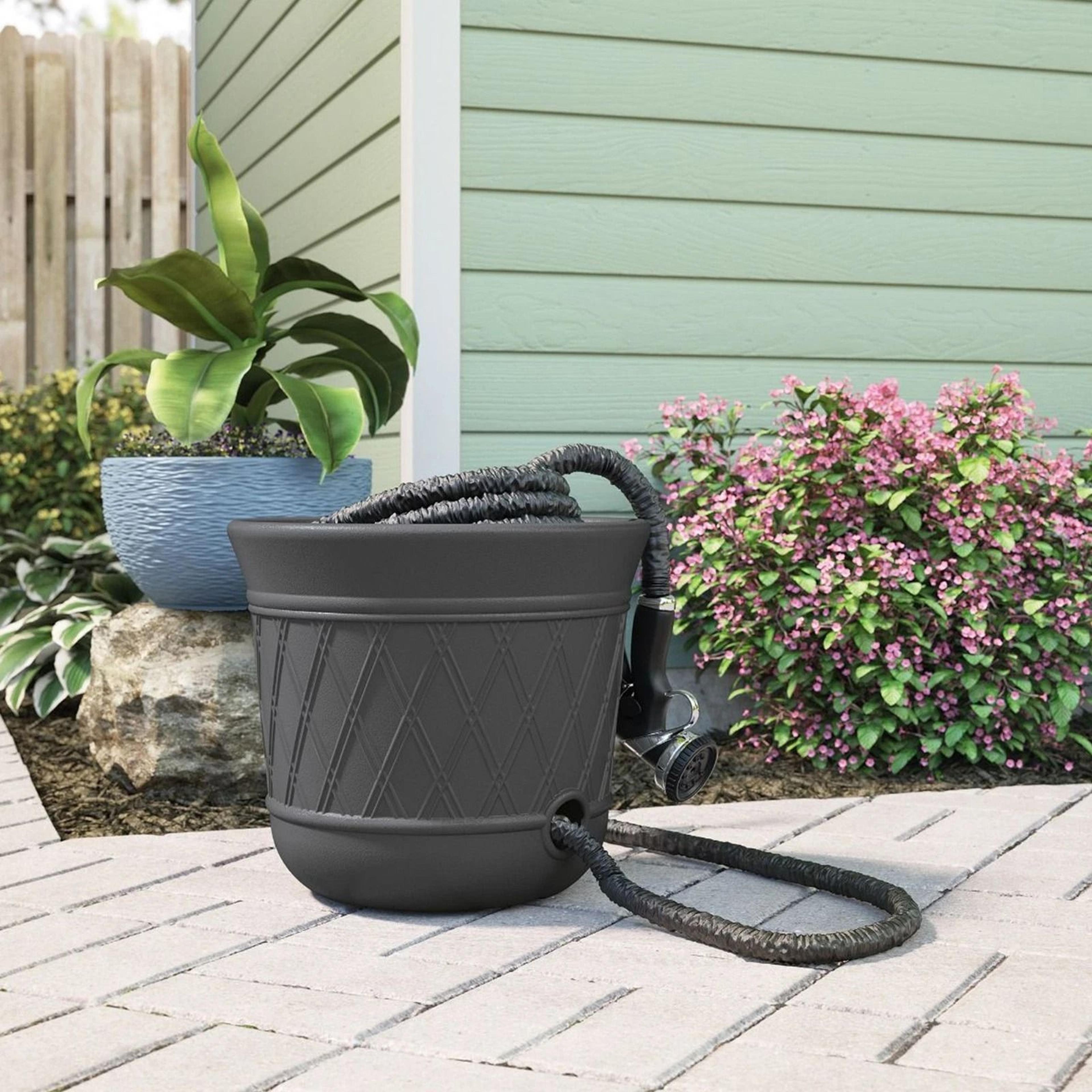 resin decorative hose storage pot stylish outdoor garden hose holder, gray