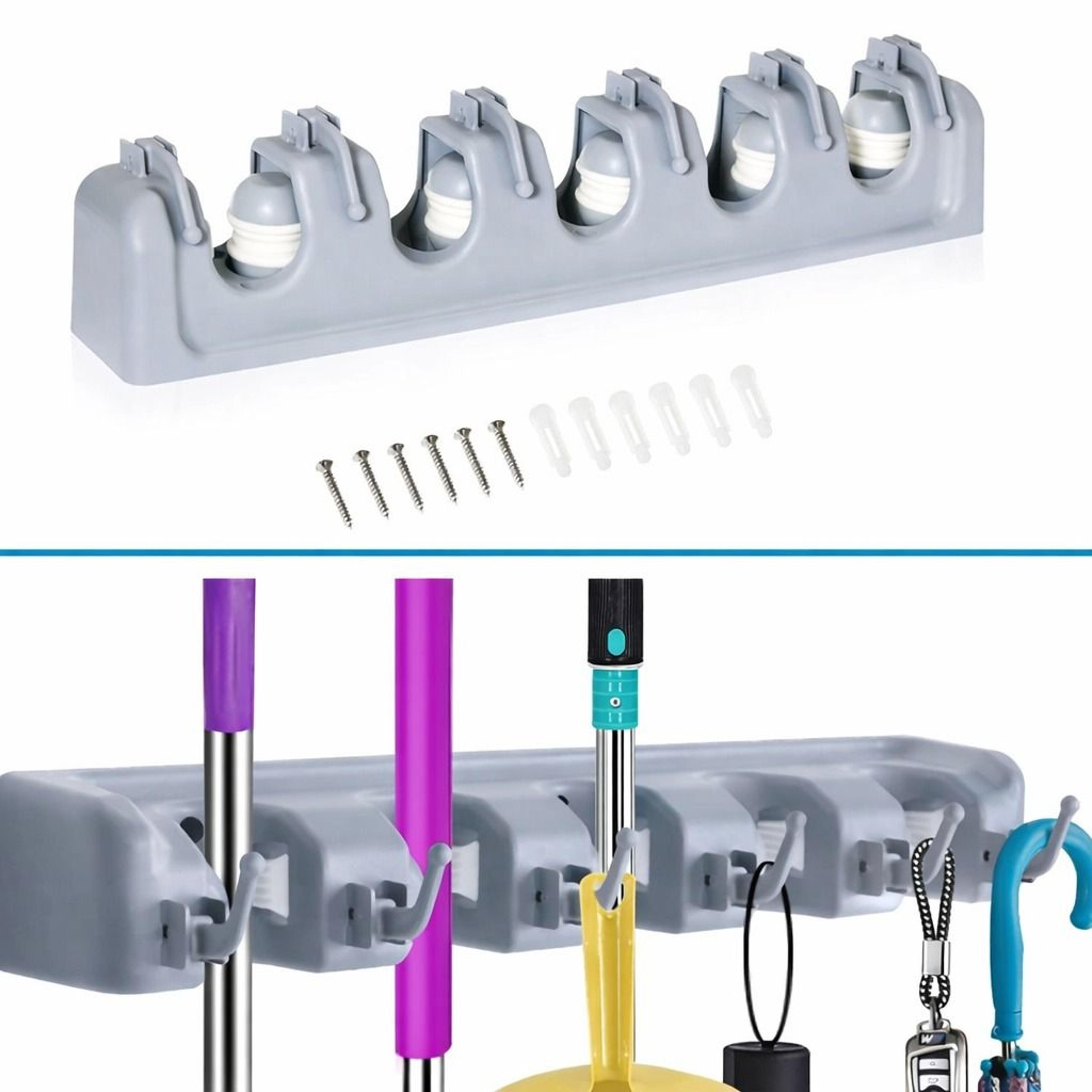 broom holder and garden tool organizer with 5 slots & 6 hooks for rakes, mops, and more wall-mounted garage solution