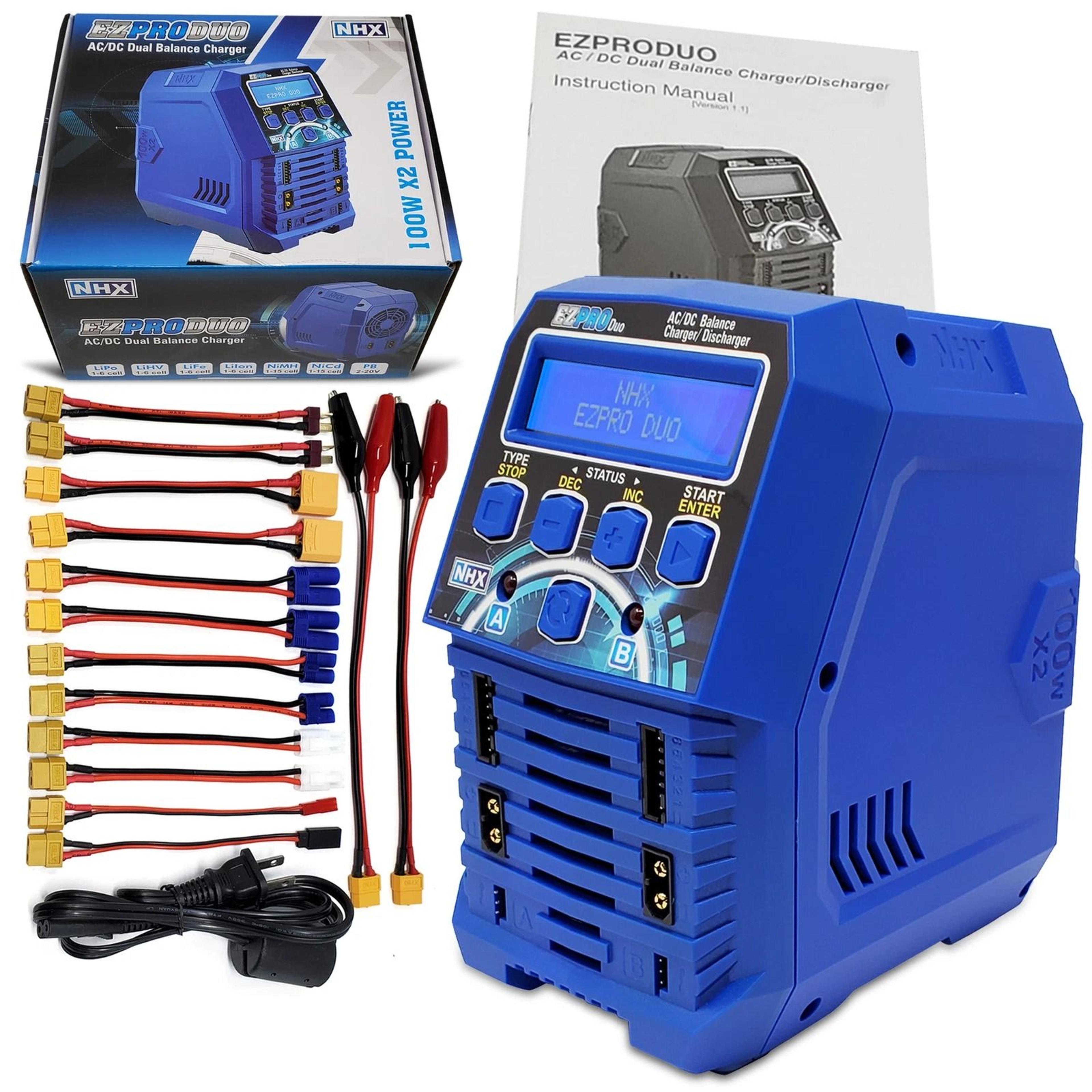 nhx ezpro duo 100w x2 dual ac/dc battery balance charger for lipo/lihv & nimh rc batteries