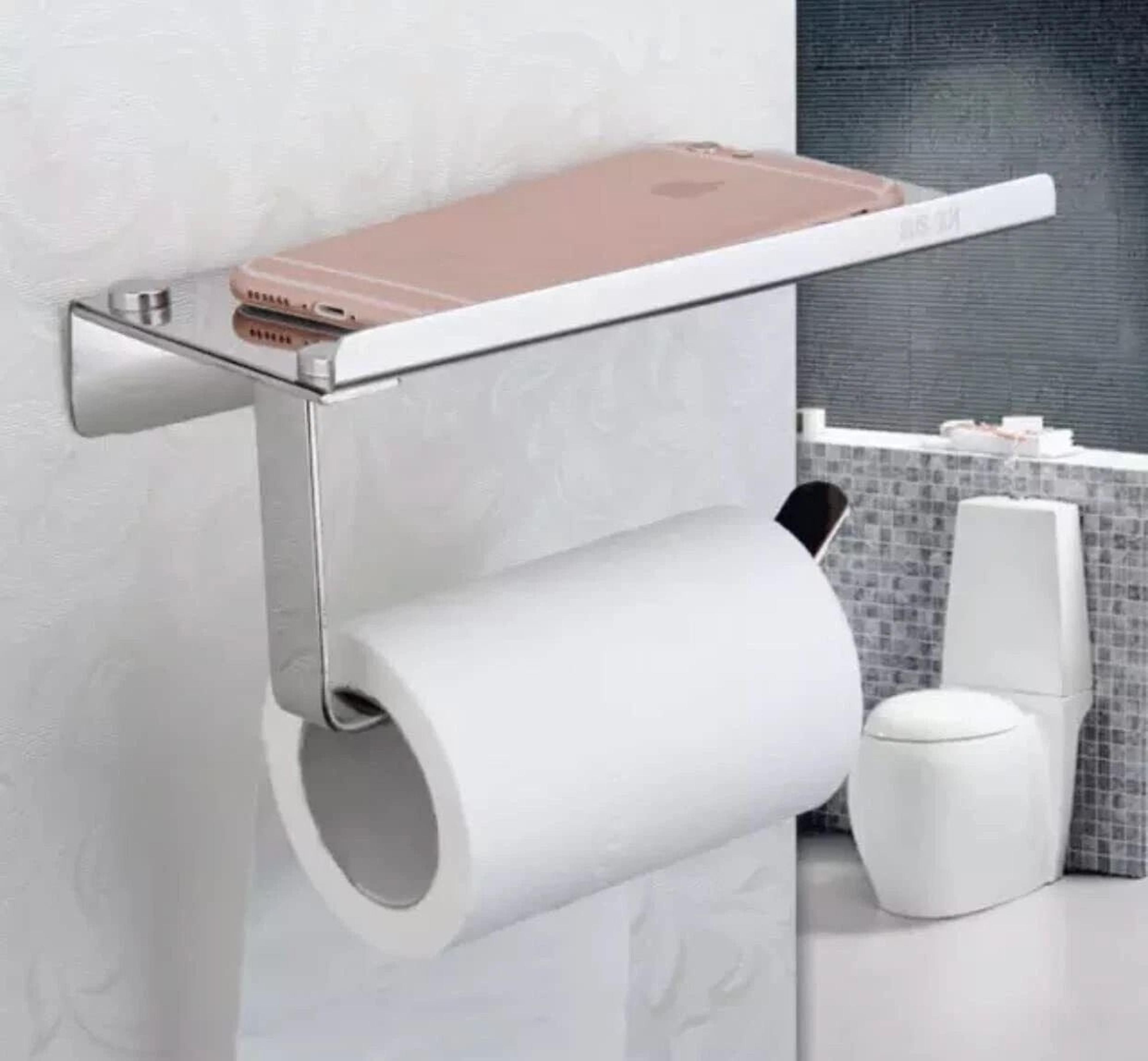 wall-mounted toilet paper holder with mobile phone storage shelf space-saving bathroom organizer