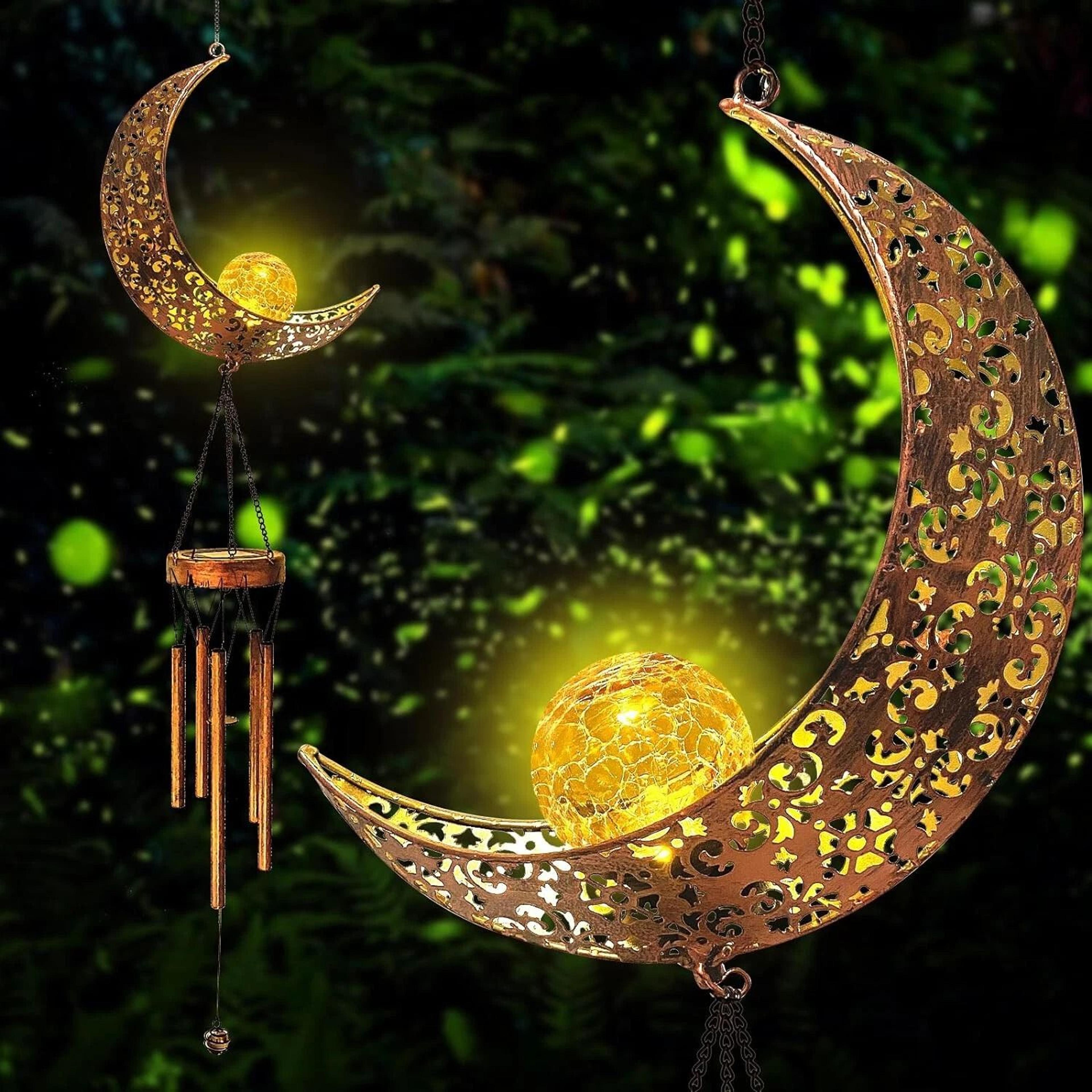 solar led wind chimes with crackle glass ball moon outdoor solar lamp for garden decor