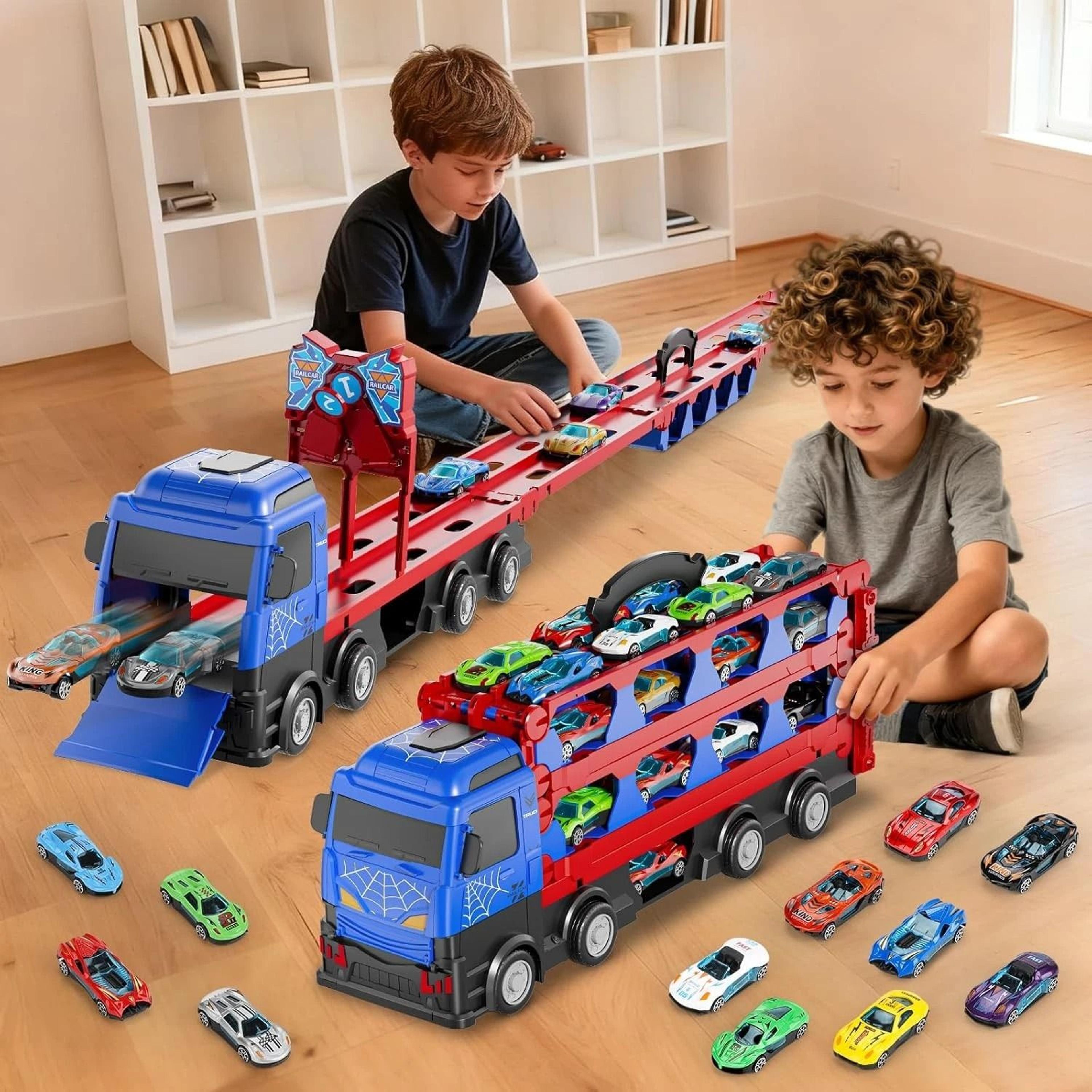 dual track transport truck with die cast cars kids racing toy set