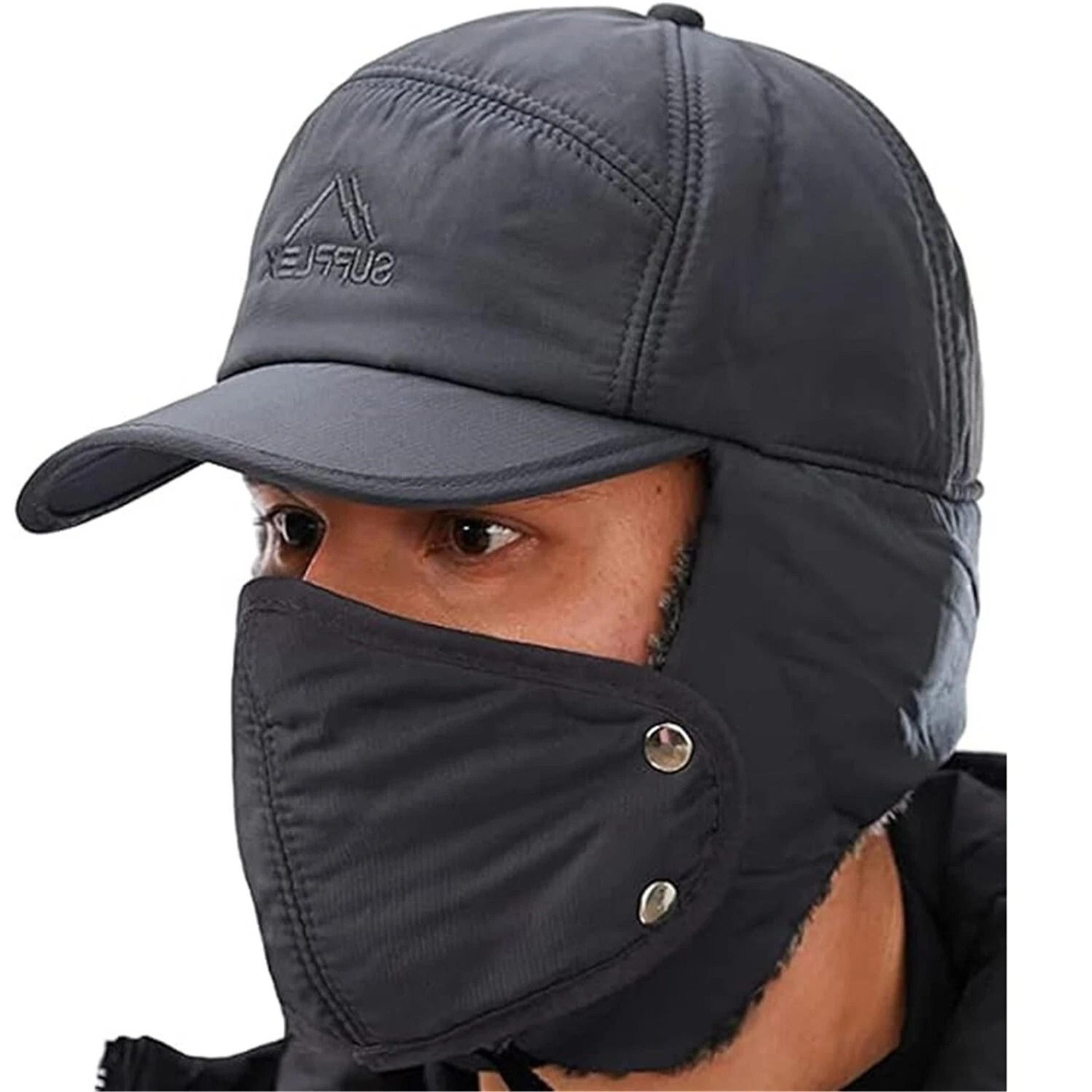 winter 3 in 1 thermal fur lined trapper hat with ear flap & full face warmer cover
