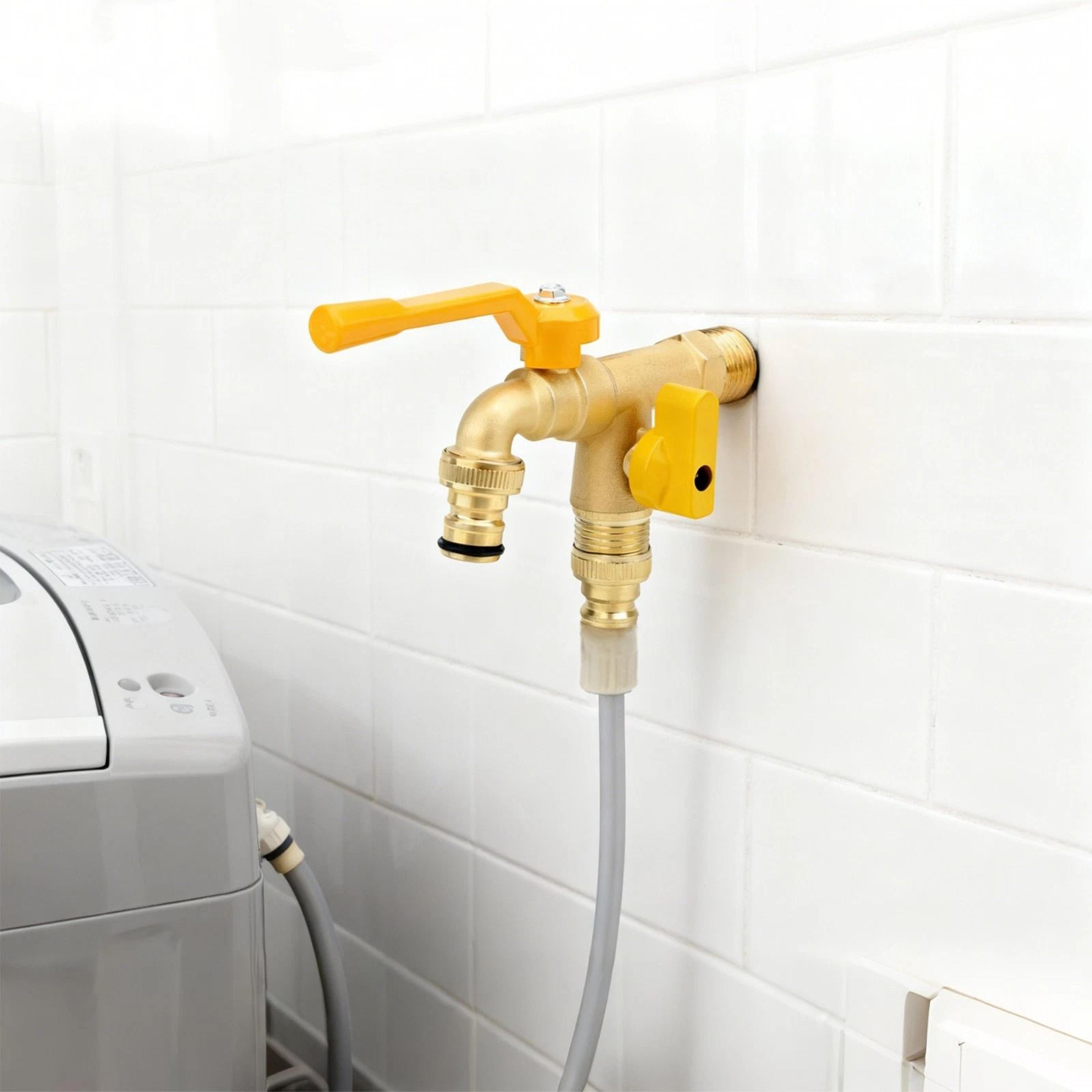double tap brass garden faucet splitter valve with dual outlets for outdoor use