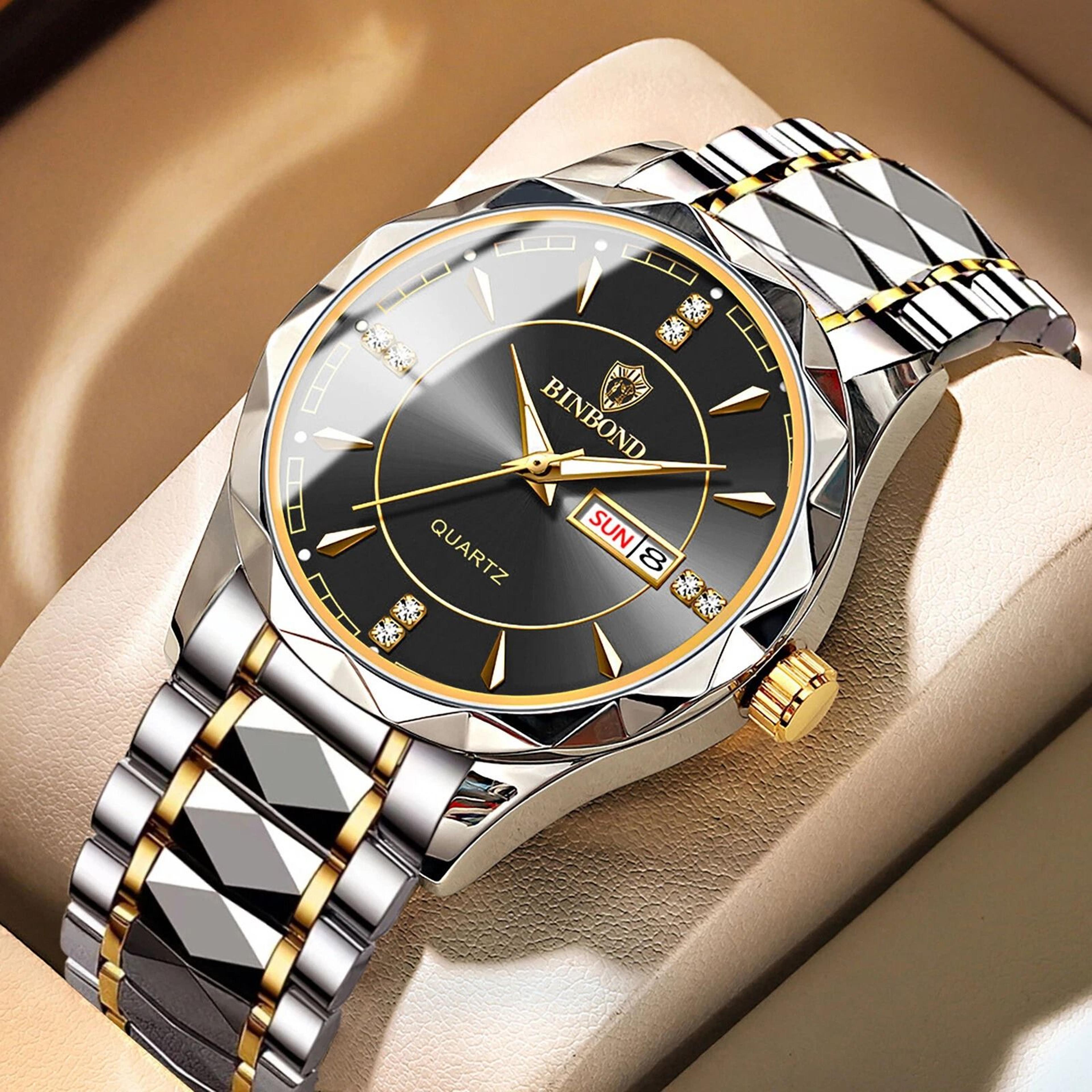men waterproof quartz wristwatch stainless steel, luminous business watch