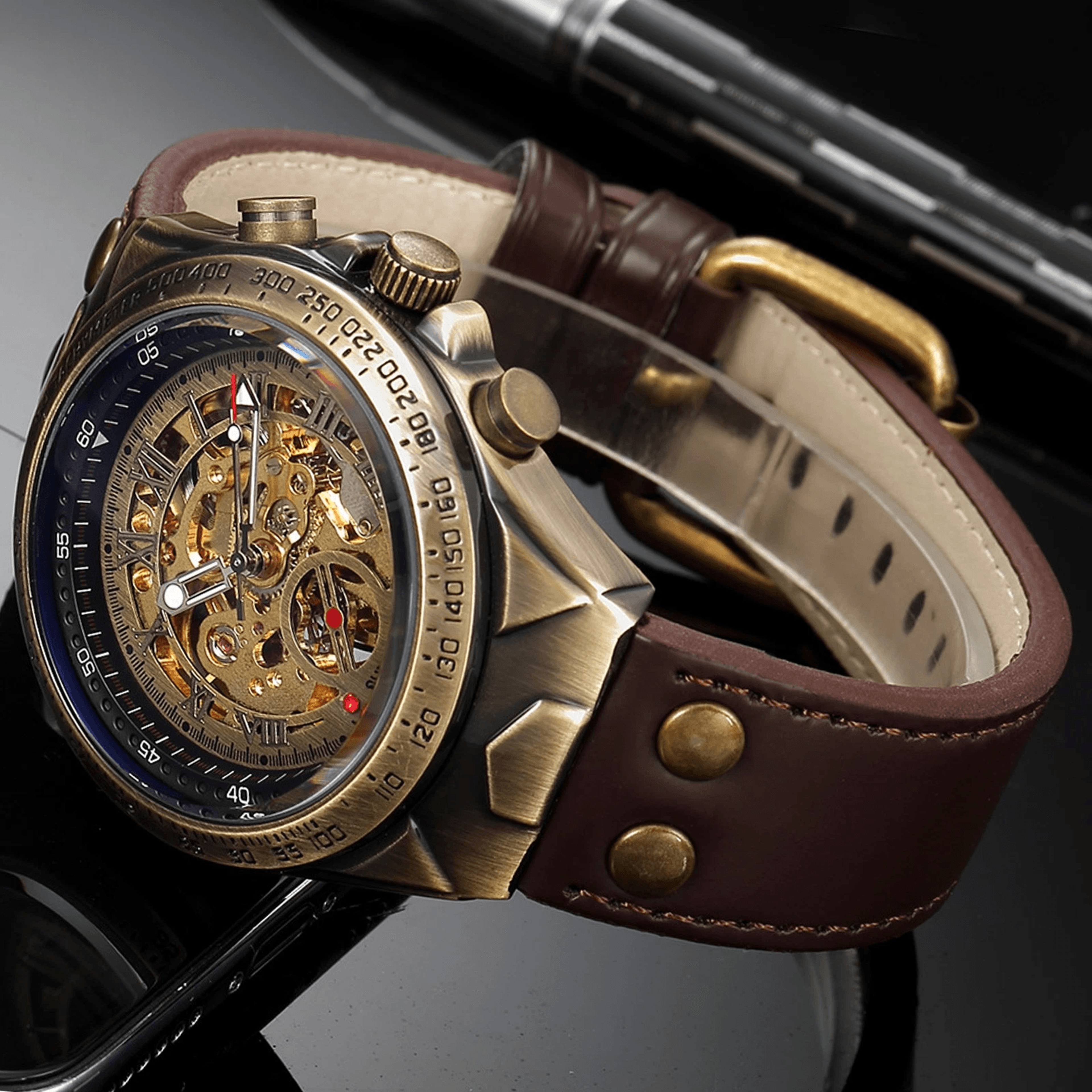 luxury mens automatic mechanical watch with roman numerals & leather strap