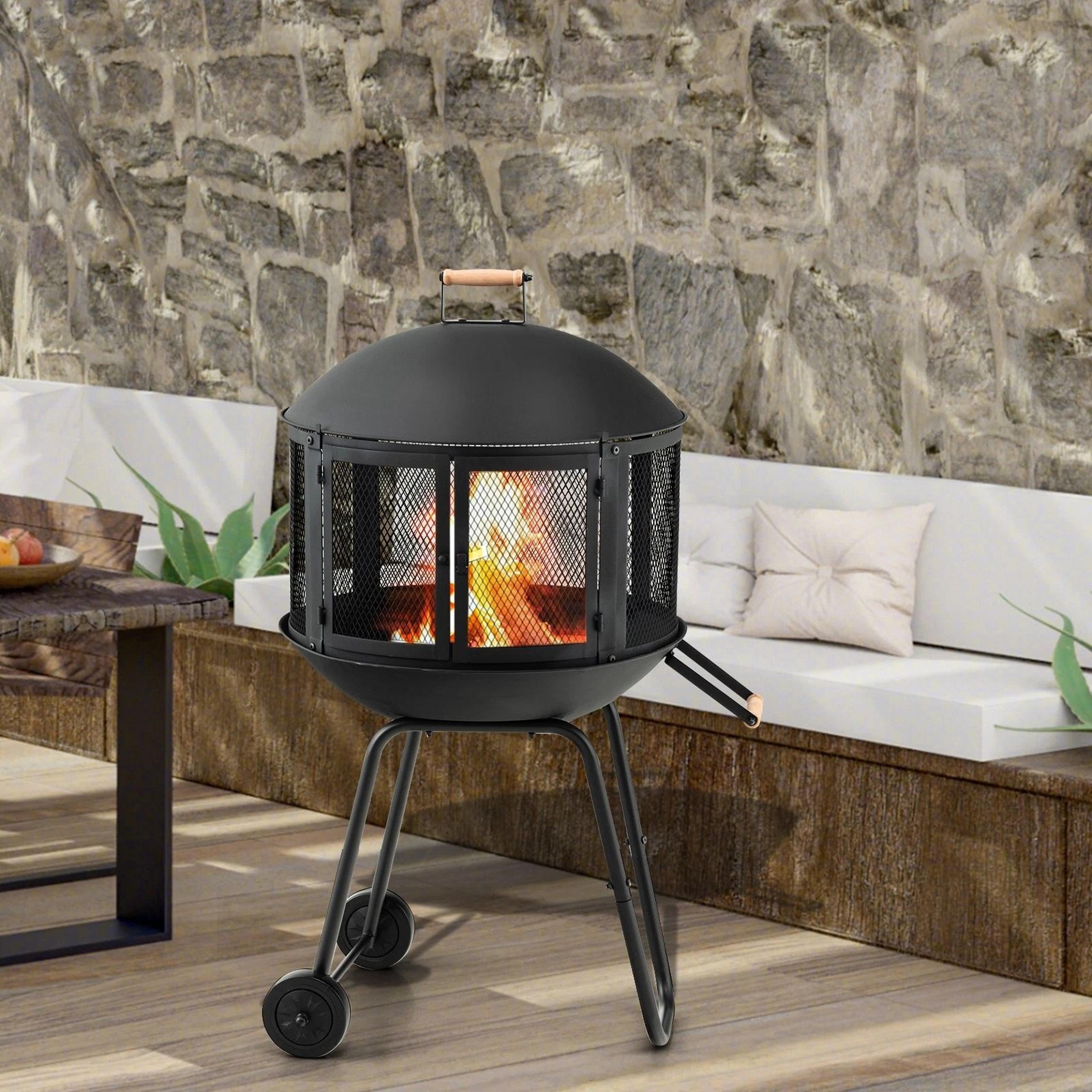 patio rolling fire pit wood burning fire pit with wheels mobile fireplace for outdoor use