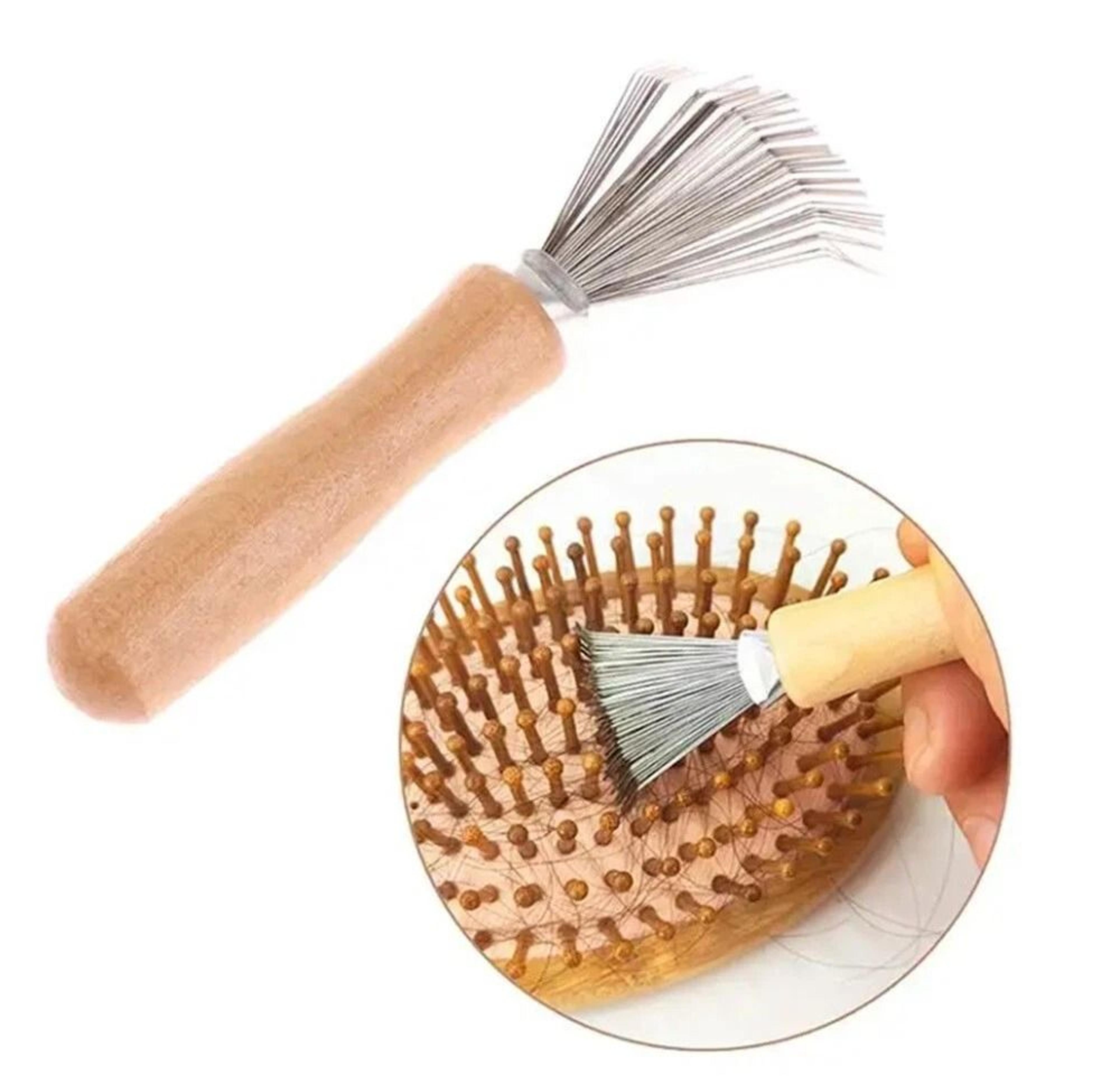 hair brush cleaner tool with metal rake & wooden handle lint & dust remover for hairbrushes
