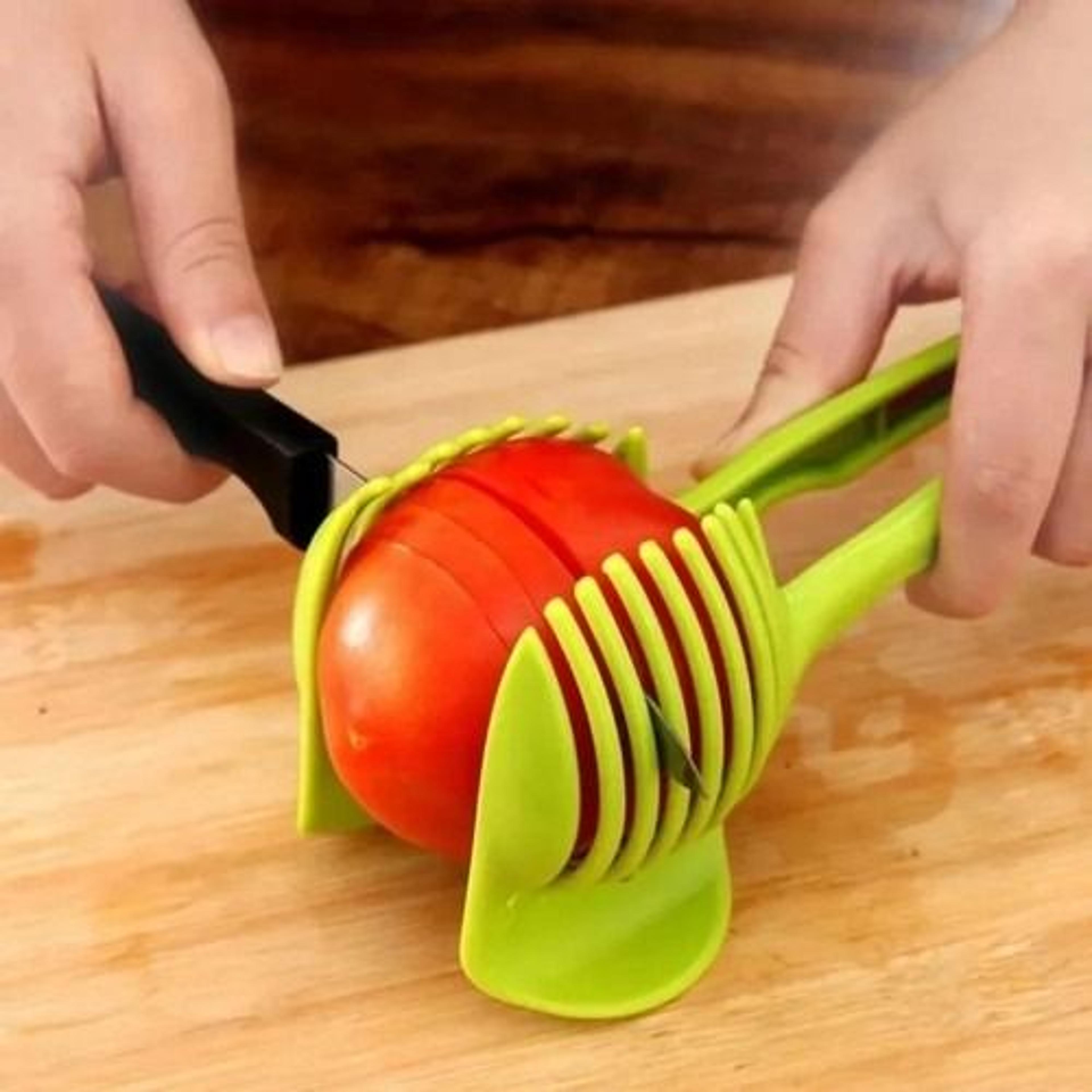 precision grip tomato slicer and onion holder for easy fruit and vegetable slicing
