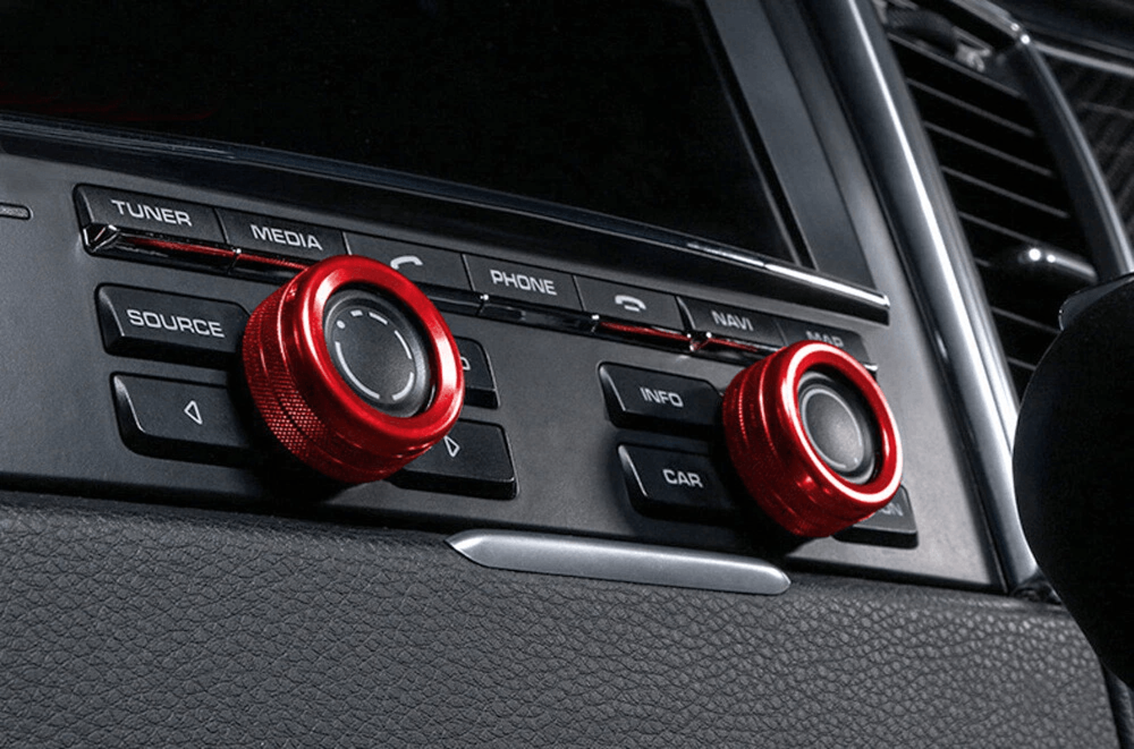 red aluminum porsche knob covers for ac climate and radio volume