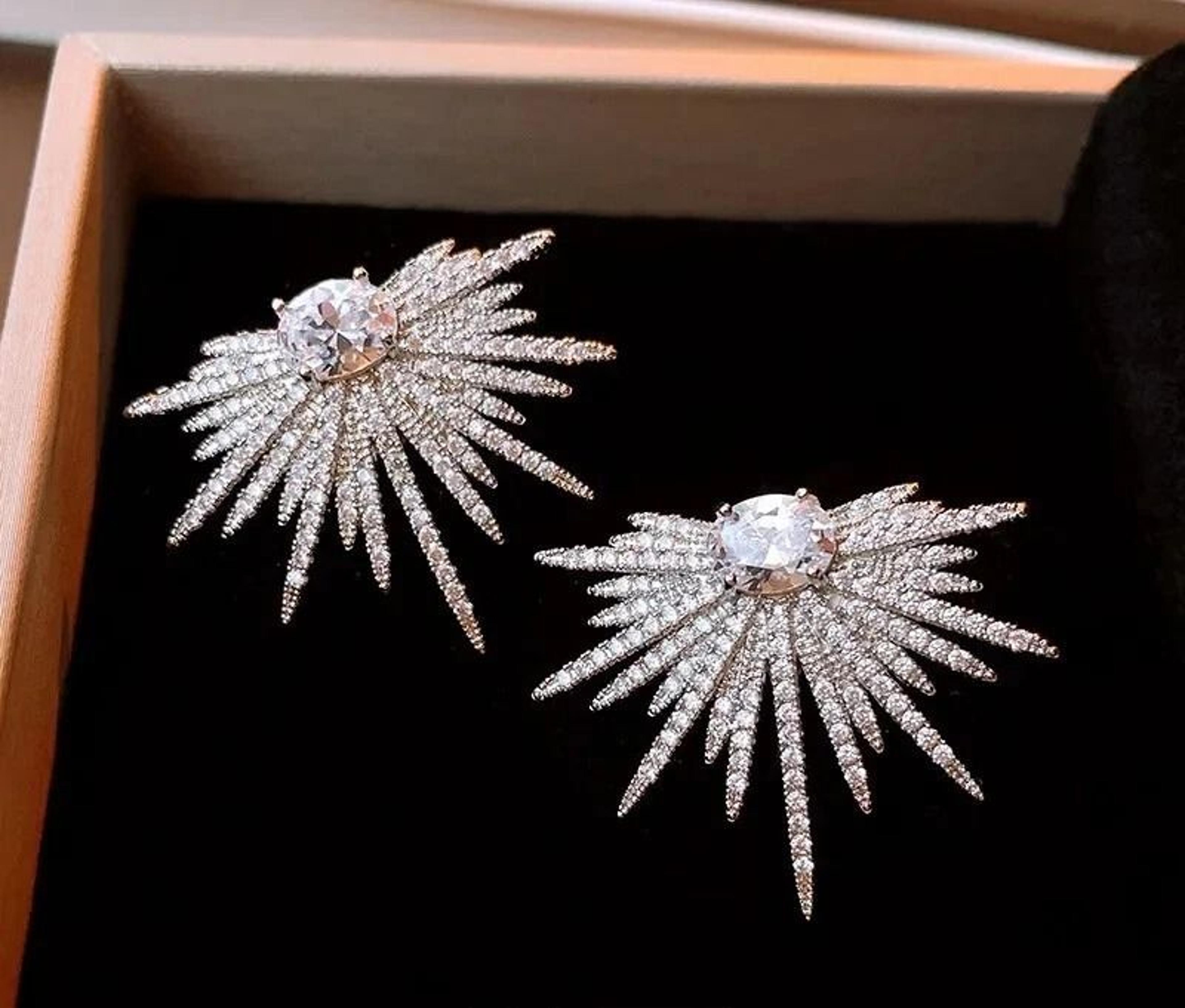 silver starburst crystal stud earrings for women